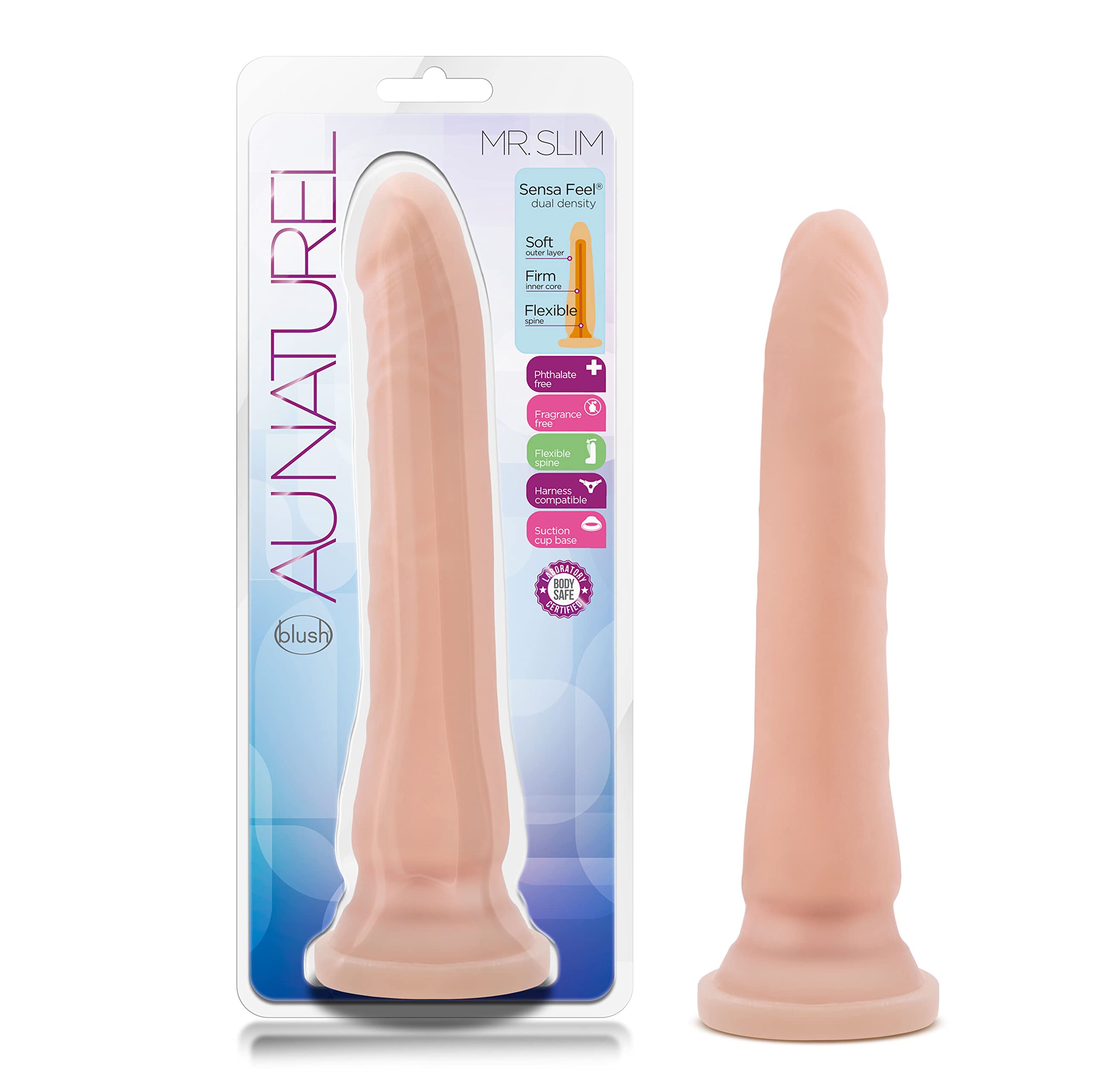 Blush Novelties Au Naturel Mr. Slim 9.25 Inch Dual Density Dildo with Sensa-Feel Technology | Flexible Suction Cup Base | Harness Compatible | Body-Safe & Easy to Clean | Adult Sex Toy for Couples & Solo Play | Perfect for Bedroom Fun, Strap-On Play & Sensory Exploration