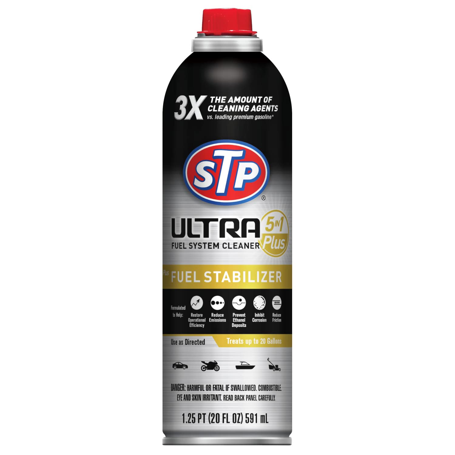 STP Ultra 5-in-1 Fuel System Cleaner & Stabilizer - 20oz | Deep Cleans Fuel Injectors, Carburetors & Combustion Chambers | Reduces Engine Friction | Improves Fuel Economy | Perfect for Cars, Trucks & Motorcycles | Use Before Storage or Long Trips