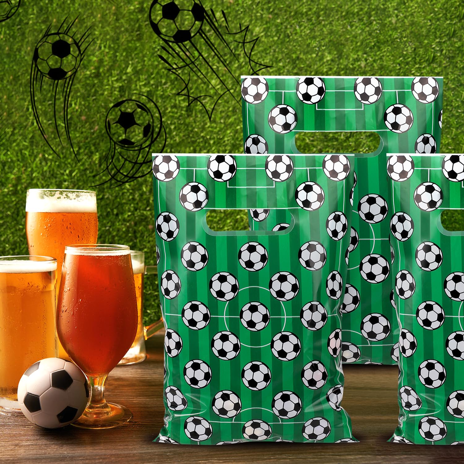 PEUTIER 50pcs Soccer Themed Plastic Party Favor Bags for Snacks, Candy, Treats - Perfect for Team Gifts, Kids Birthday Parties, Sports Events & Game Day Favors - Great for Soccer Tournaments, Youth Sports Awards & Team Celebrations