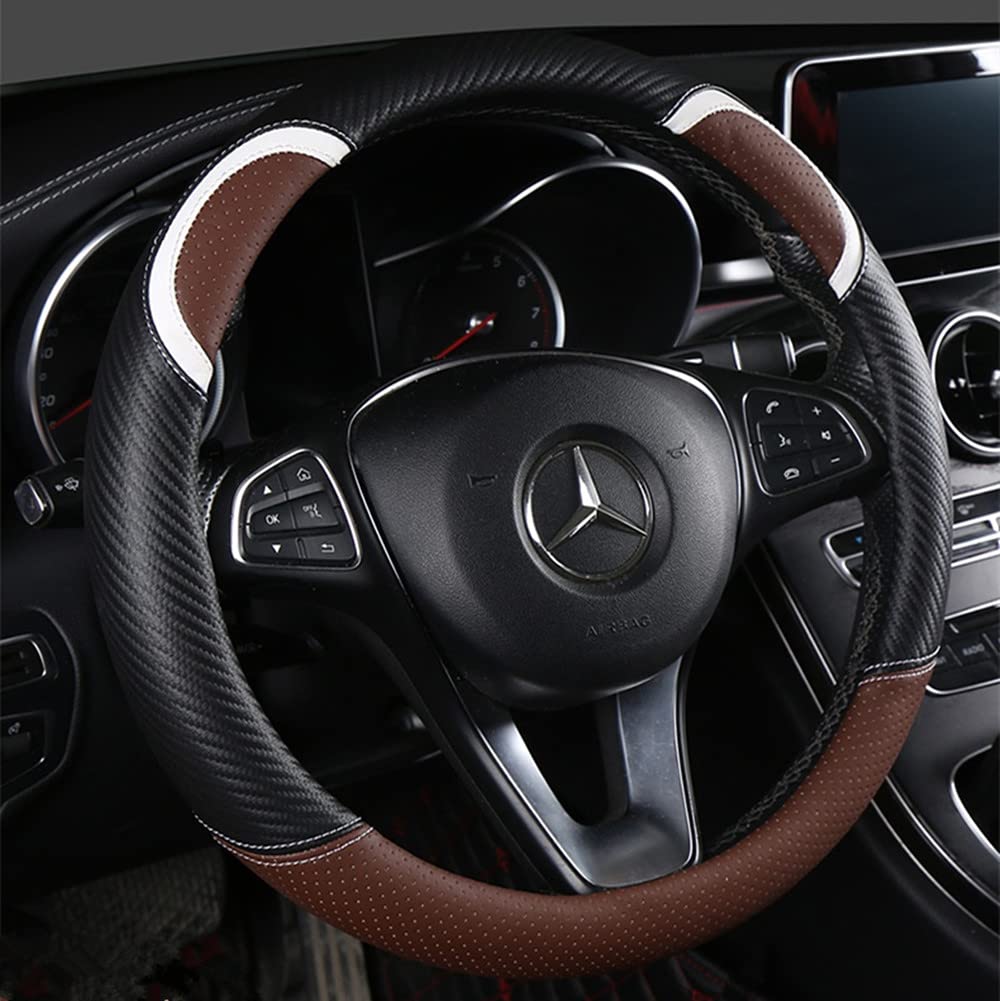 Premium Carbon Fiber Leather Steering Wheel Cover - Universal Fit, Soft & Breathable - Moyishi Bear Design (Brown) - Enhance Grip & Comfort for Cars, SUVs, Trucks