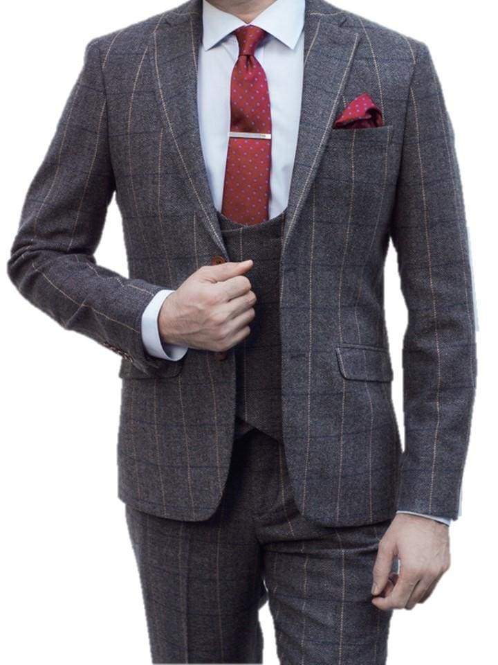 Ezra Men's Grey Herringbone Slim Fit 3 Piece Tweed Suit | Formal Business Attire | Wedding, Office & Special Occasion Outfit