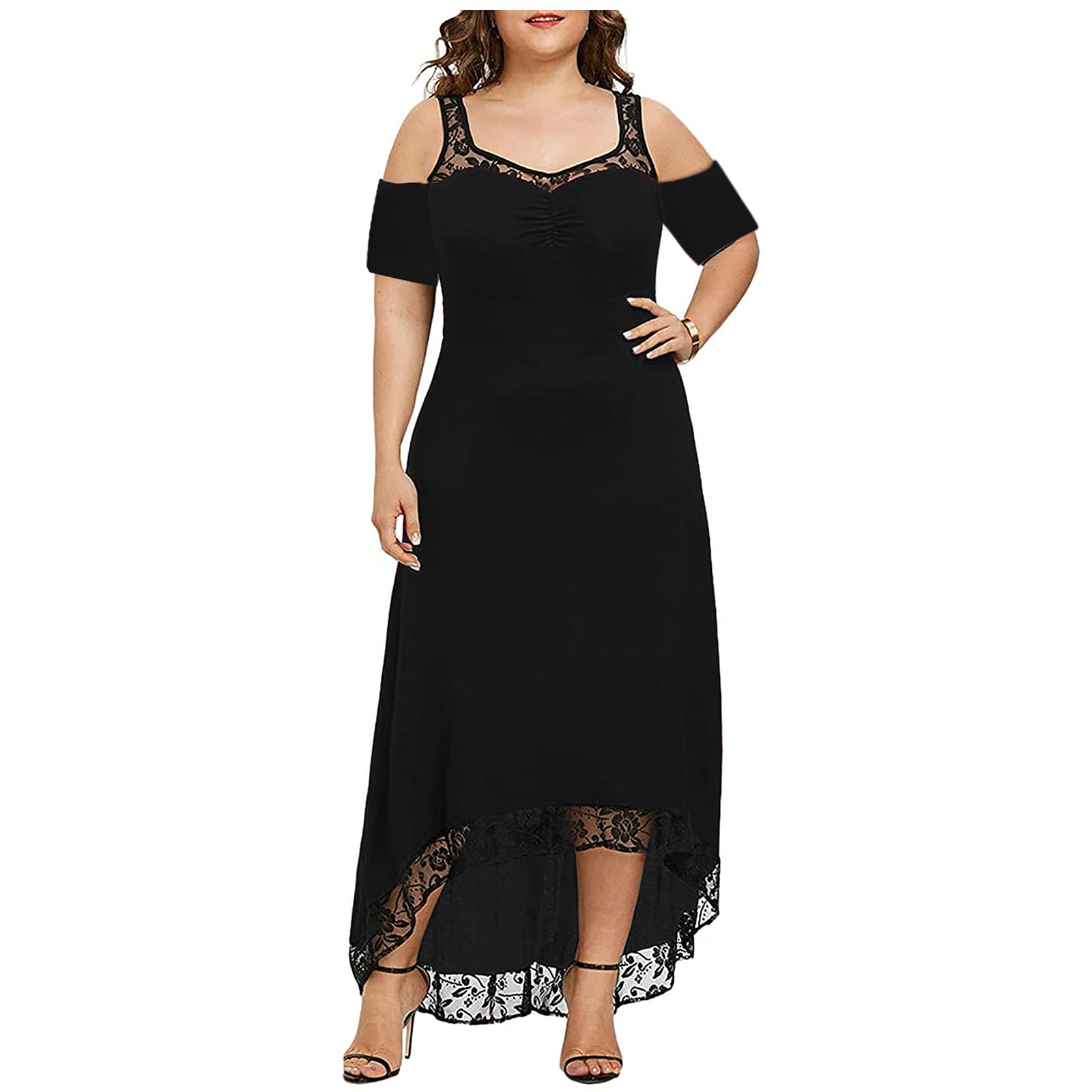 Plus Size Cold Shoulder Floral Patchwork Maxi Dress for Women - Short Sleeve Crew Neck Flowy Swing Long Dress - Perfect for Summer Parties, Weddings & Beach Vacations