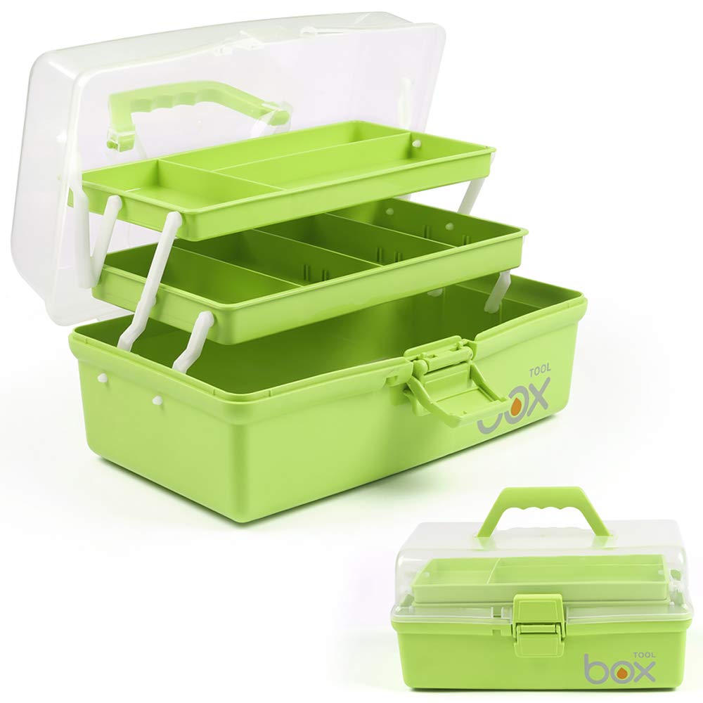 12in Three-Layer Multipurpose Storage Box - Foldable Organizer for Tools, Art Supplies, Sewing Kit, Medicine & First Aid with 2 Trays (Green) | Perfect for Home, Office, Craft Room & Emergency Preparedness
