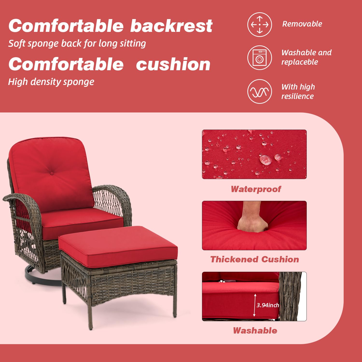 EROMMY 5-Piece Outdoor Swivel Rocking Chair Set with Weather-Resistant Cushions & Tempered Glass Table - Wine Red Patio Furniture for Garden, Backyard, Poolside Relaxation