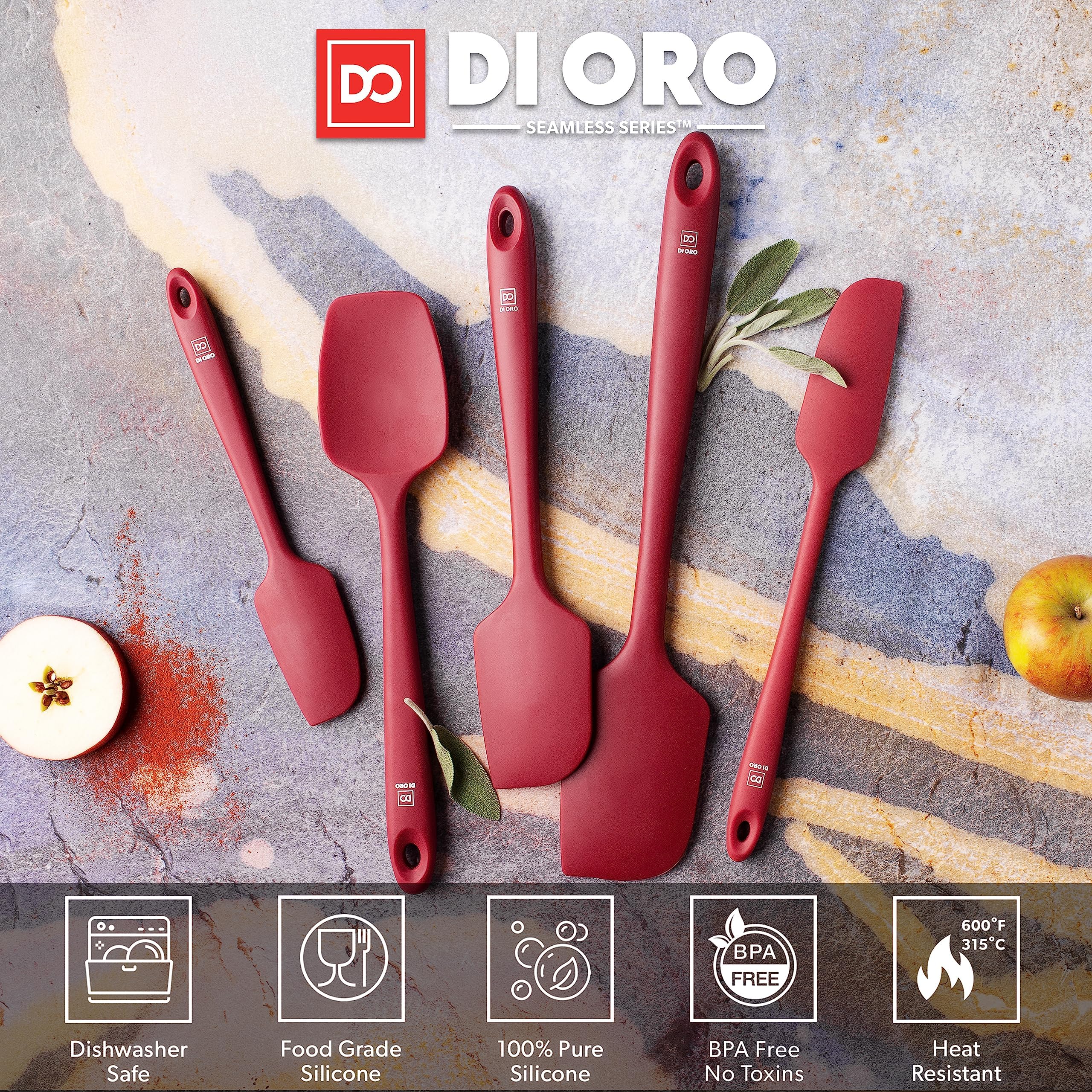 DI ORO Premium Silicone Spatula Set - 5-Piece Heat-Resistant Kitchen Utensils (600°F) for Baking, Cooking & Mixing - BPA-Free Rubber Scrapers for Nonstick Cookware - Dishwasher Safe (Red) - Perfect for Home Bakers & Professional Chefs