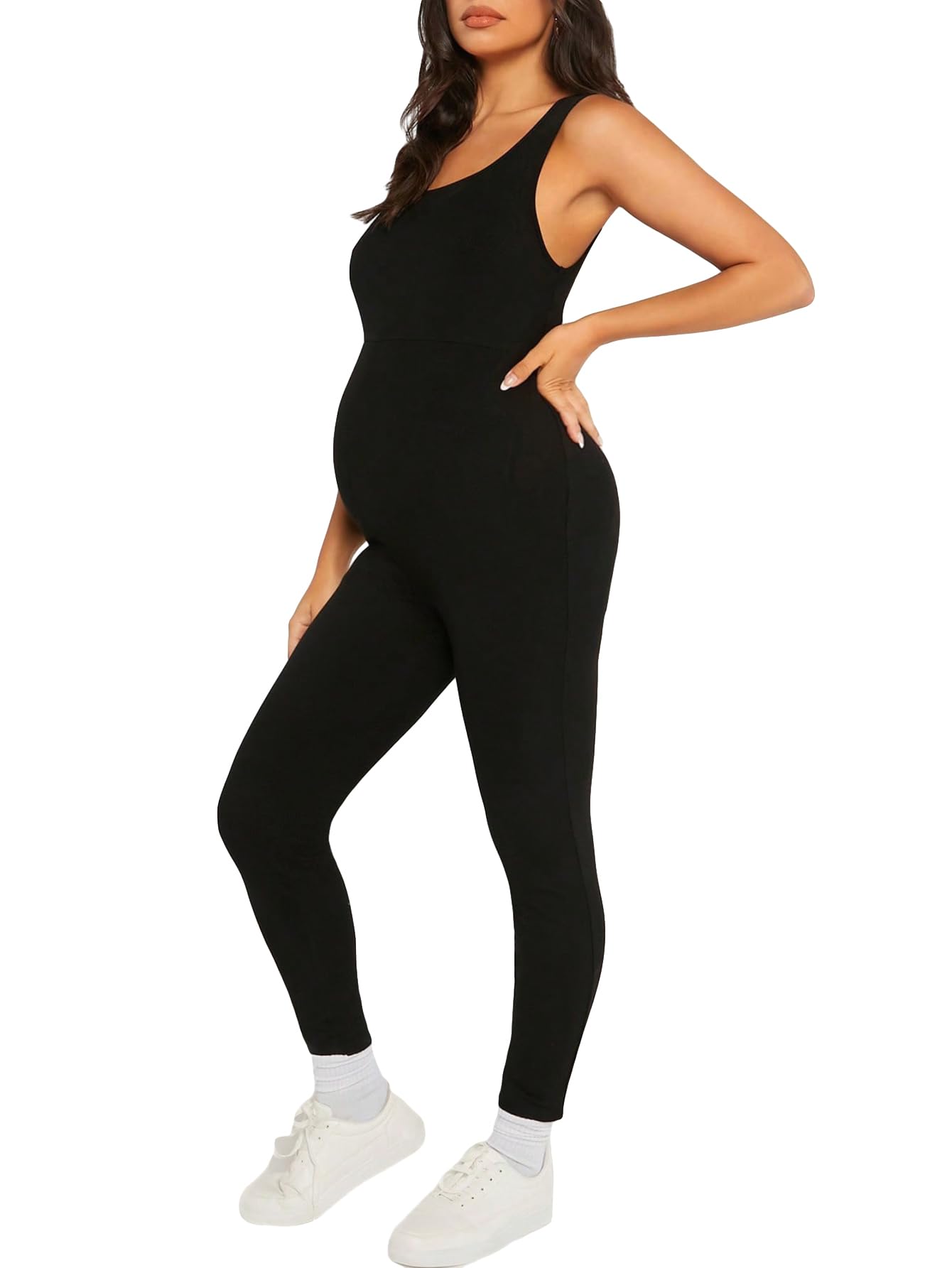 MakeMeChic Women's Maternity Jumpsuit - Square Neck Sleeveless Romper Bodysuit for Pregnancy | Comfortable One-Piece Outfit for Moms-to-Be | Perfect for Maternity Photos, Baby Showers & Summer Wear
