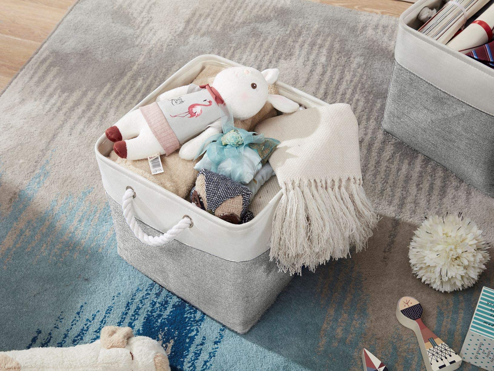 DECOMOMO 13 x 13 Inch Cube Storage Bins - 3 Pack Fabric Organizer Bins for Closet, Shelves & Toy Storage | Grey & White Collapsible Storage Cubes for Home, Office & Kids Room Organization