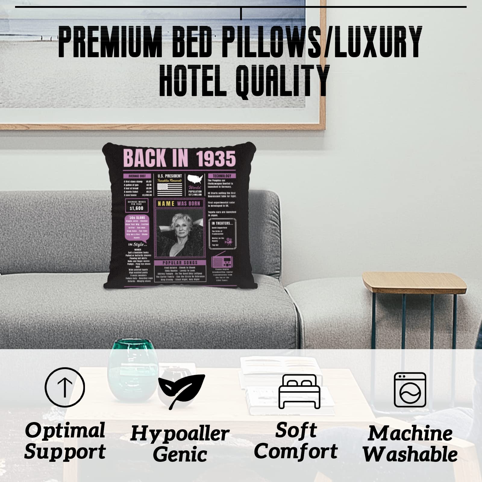 89th Birthday Gifts for Women & Men - Purple Custom Throw Pillow with 1935 Year Design, Super Soft Decorative Pillowcase for 89 Year Old Birthday Party Decor - Perfect for Sofa, Bed & Home Decor