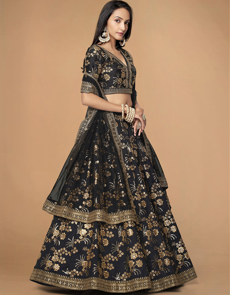 Elegant Black Slub Silk Lehenga Choli Set for Women - Traditional Indian Bridal Wear for Weddings & Festivals