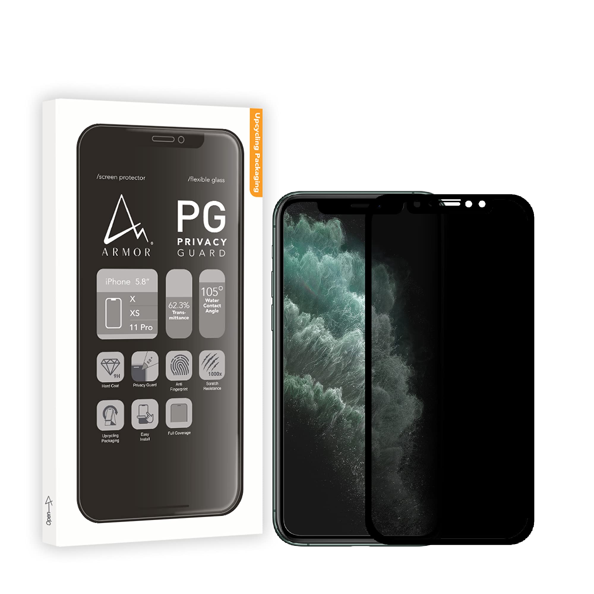 ARMOR Flexible Glass 2.5D Full Coverage Screen Protector for iPhone 11 Pro/XS/X - 9H Hardness Privacy Guard - Anti-Scratch & Bubble-Free Installation - Perfect for Office Use & Daily Protection