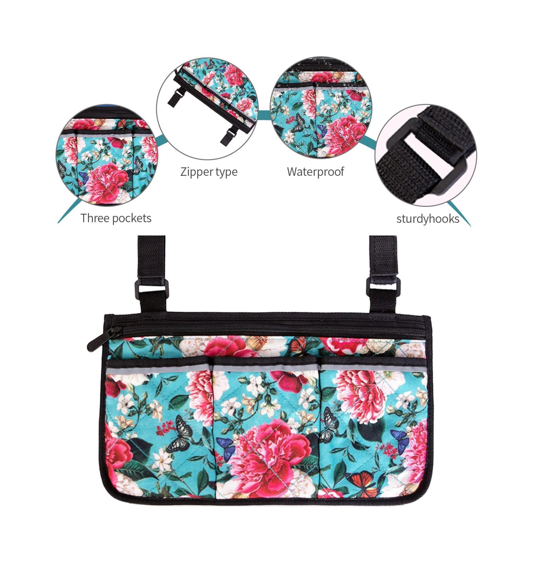 Printed Wheelchair Side Bags with Pockets - Durable Walker Accessories for Seniors | Hanging Pouches for Armrests & Mobility Aids | Perfect for Daily Essentials, Medication & Personal Items Storage