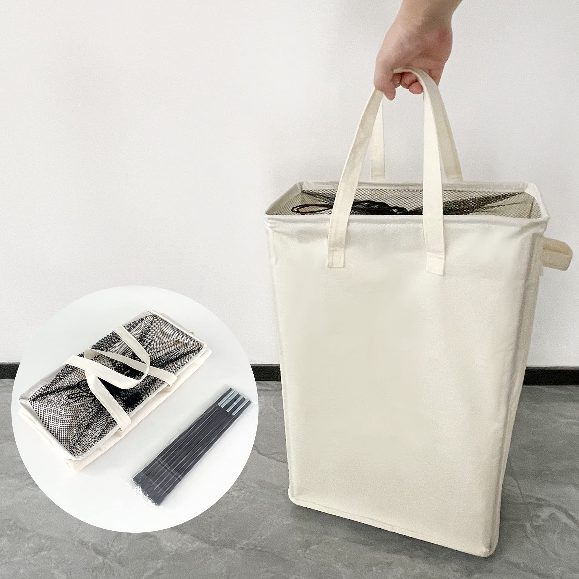 24 Inch Slim Large Collapsible Fabric Laundry Hamper - Tall Thin Space Saving Laundry Basket with Handles for Dirty Clothes - Perfect for Small Spaces, Bedrooms, Closets & Laundry Rooms (Beige)