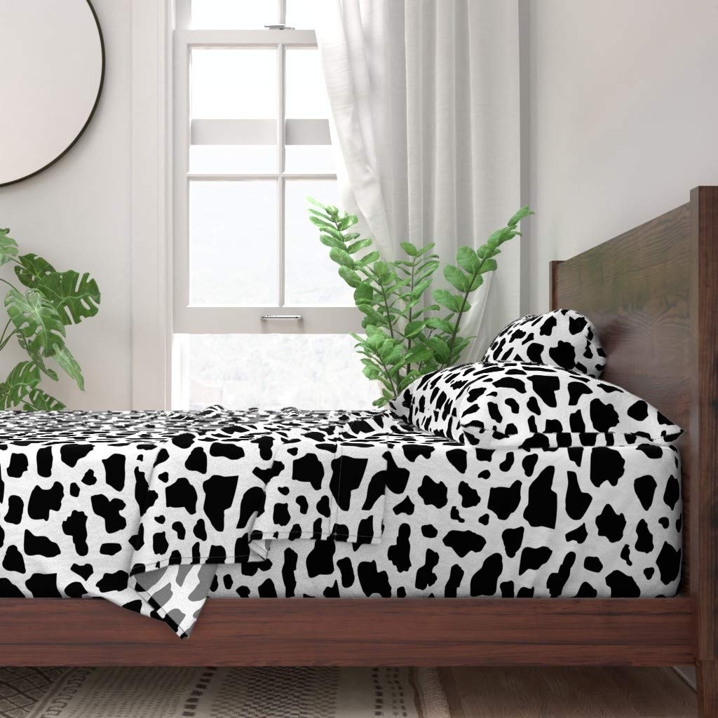 Spoonflower 100% Cotton Twin Size 3-Piece Bed Sheet Set - Black & White Cow Print Farm Animal Themed Custom Bedding for Kids, Teens & Farmhouse Decor