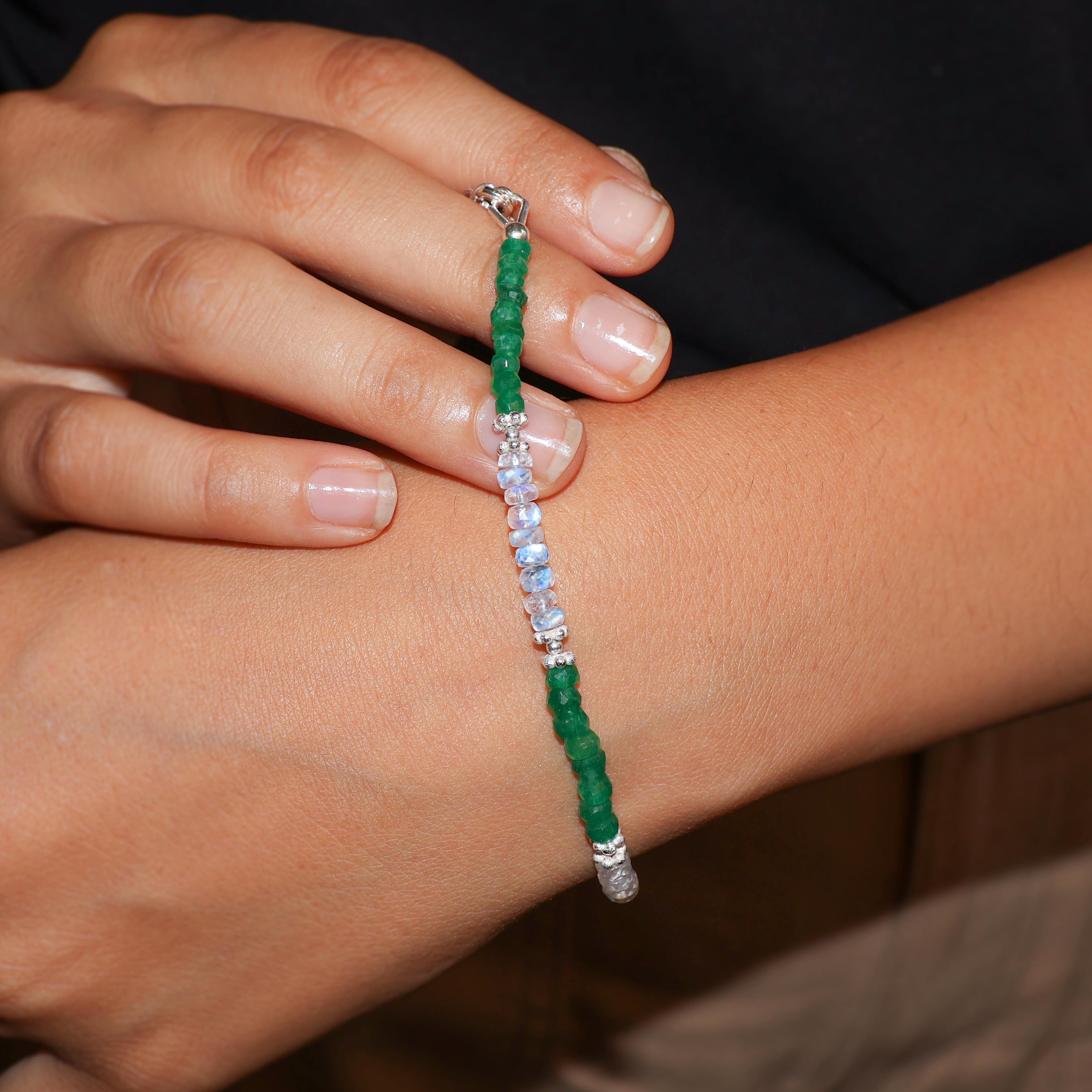 Moonstone and Emerald Beaded Bracelet for Women - Healing Crystal Jewelry for Meditation, Yoga & Spiritual Wellness