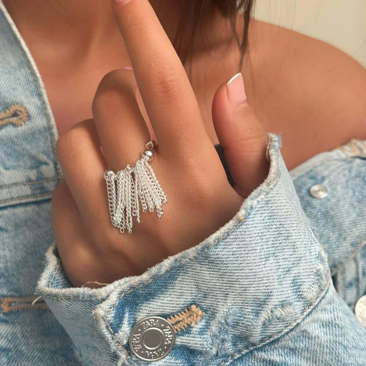 Exaggerated Gold and Silver Two-Tone Tassel Chain Ring for Women | Trendy Boho Jewelry for Parties, Weddings & Everyday Wear | JDR041