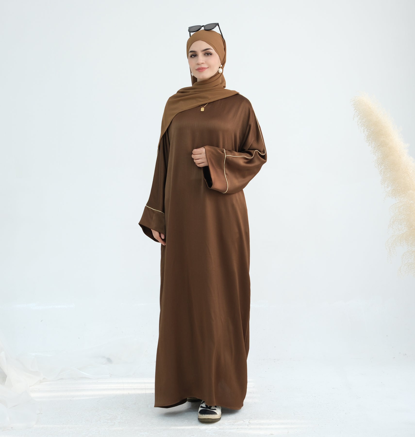 Elegant Ayana Textured Piping Detail Abaya Dress - Bronze Color for Women | Perfect for Islamic Prayer, Mosque Visits & Special Occasions