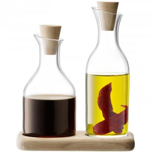 Premium Glass Oil and Vinegar Set with Oak Wood Base - 15 cm Clear Bottles for Kitchen, Dining Table, and Gourmet Cooking - Perfect for Salad Dressing, Dipping, and Home Decor