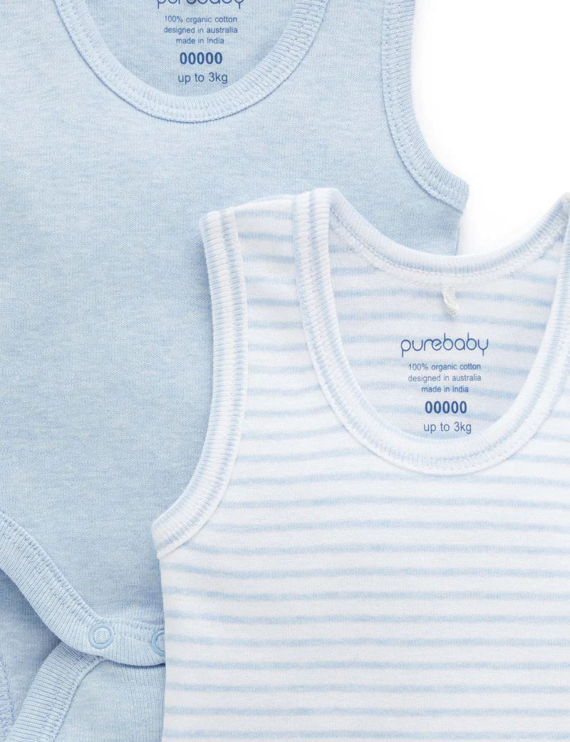 Purebaby Organic Cotton Ribbed Bodysuit 2-Pack - Soft & Breathable Baby Onesies for Newborns & Infants - Pale Blue - Perfect for Everyday Wear, Playtime & Sleep