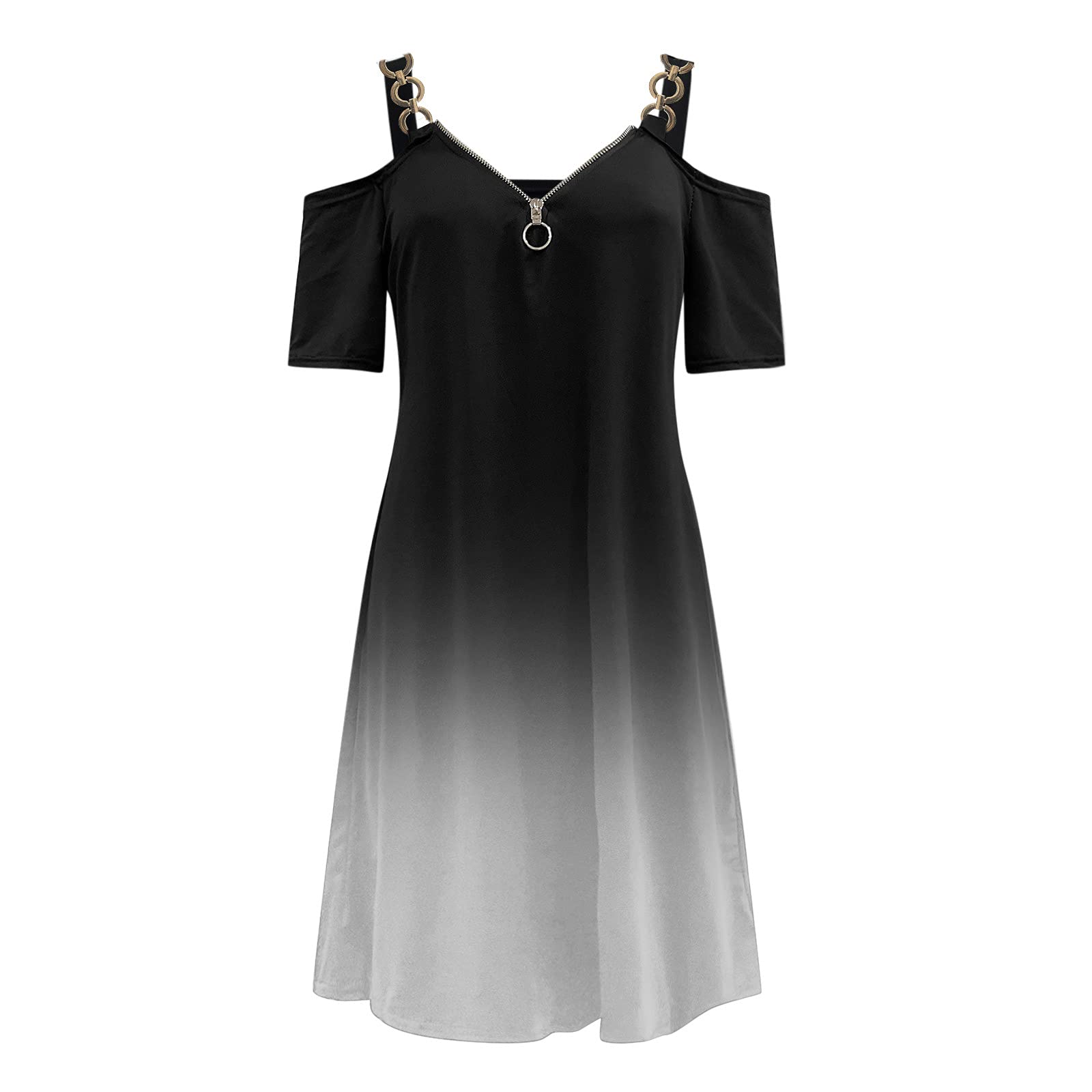 iQKA Women's Sexy Strap Summer Dress - Cold Shoulder Short Sleeve Zipper V Neck Graphic Casual Shirt Dress | Perfect for Beach, Party & Date Night