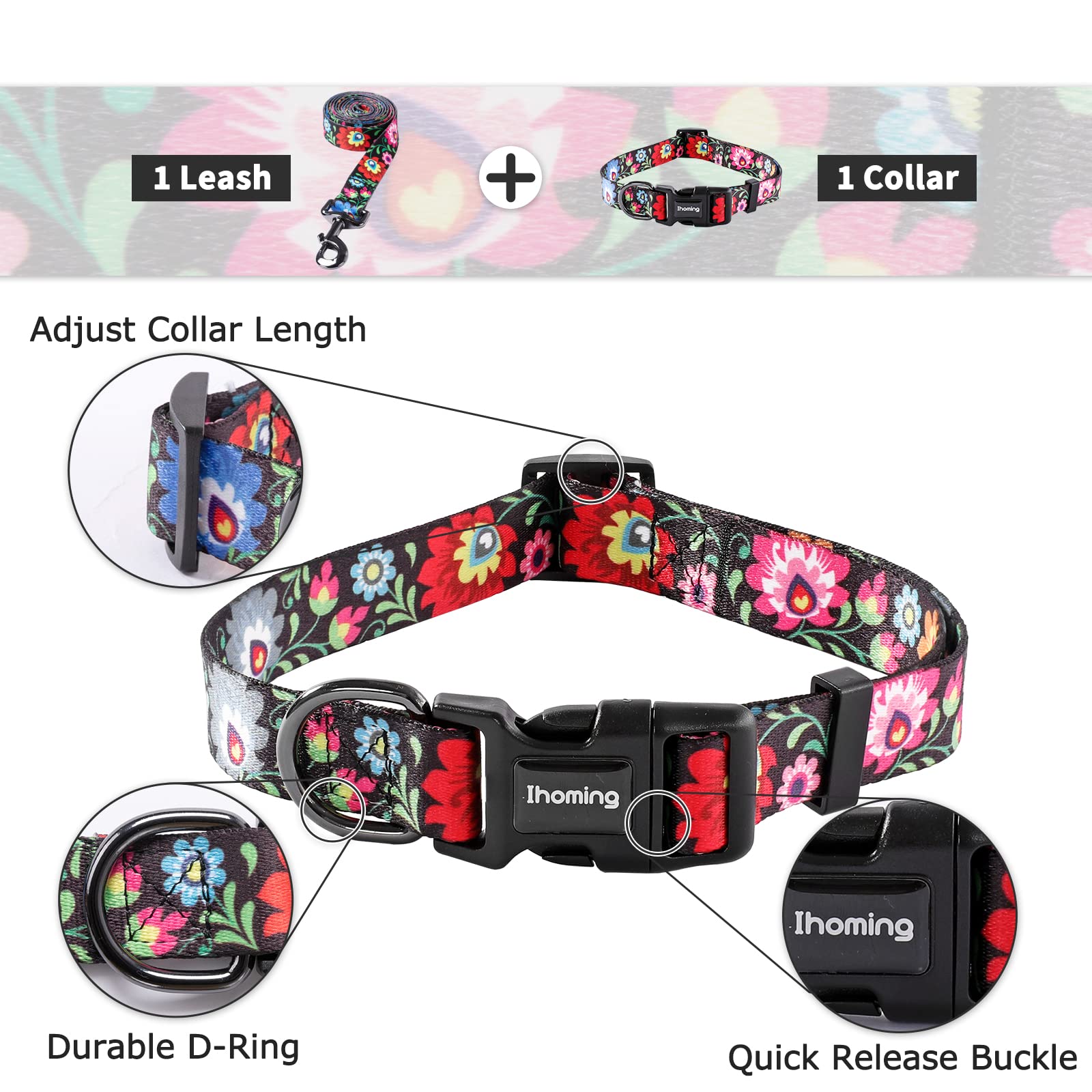 **iHoming Adjustable Puppy Collar & Leash Set for Small Dogs & Cats (XS, Up to 10LBS) - Black Floral Design - Perfect for Daily Walks, Running & Training - Ideal for Small Breed Pets**    *(Use Case: Great for outdoor adventures, park visits, or neighborhood strolls with your tiny furry friend!)*