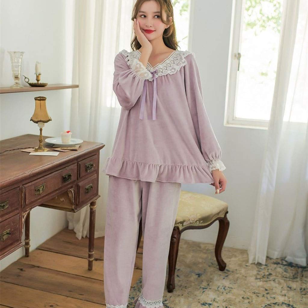 Sweet Velvet Women's Long Sleeve Pajama Set - Vintage Lace V-Neck Sleepwear for Autumn/Winter - Cozy & Comfortable Loose Fit Nightwear (Color: Burgundy) - Perfect for Lounging, Sleepovers and Relaxing at Home