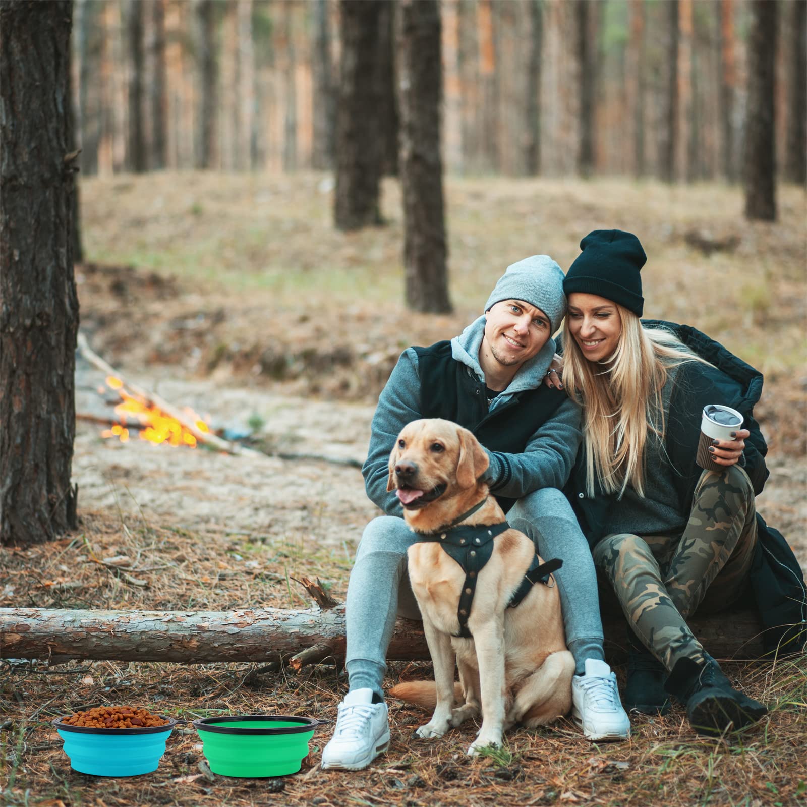SLSON Collapsible Dog Bowls with Lids - 2 Pack Large Pet Food & Water Bowls for Travel, Hiking, Camping - Light Blue & Green - Durable, Portable, Leak-Proof for Dogs & Cats