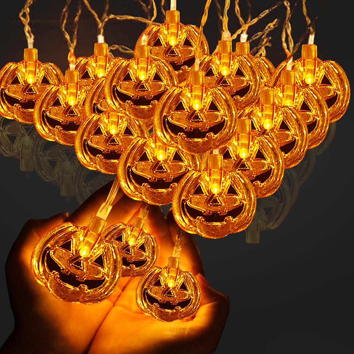 Halloween Pumpkin String Lights - 16.4 Ft 40 LED Jack-O-Lantern Fairy Lights with 2 Modes (Steady/Flickering) - Battery Operated Outdoor Decor for Patio, Garden, Tree, Party & Halloween Night Decoration