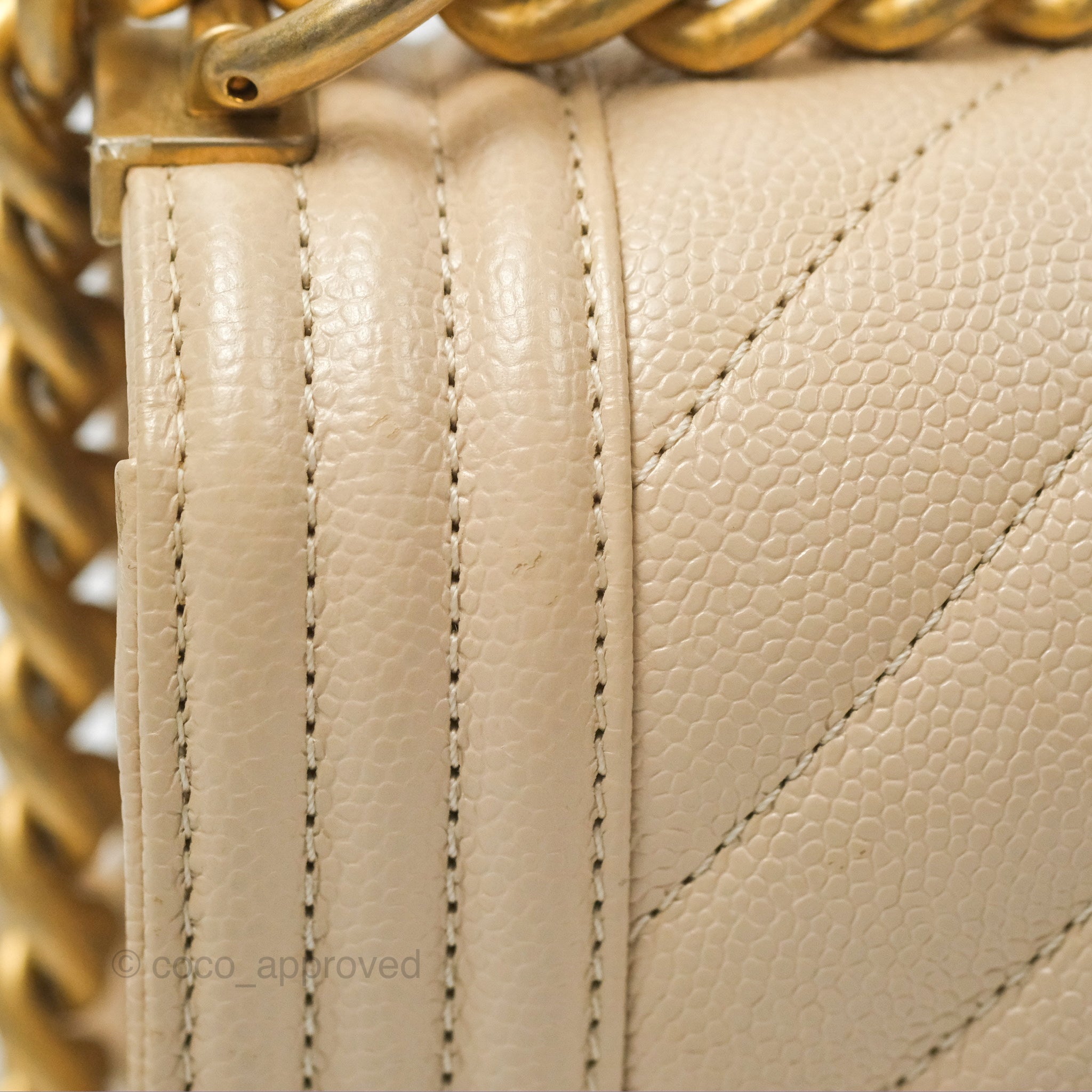 Chanel Chevron Small Boy Bag in Cream Ivory Caviar Leather with Aged Gold Hardware - Perfect for Luxury Fashion & Everyday Elegance