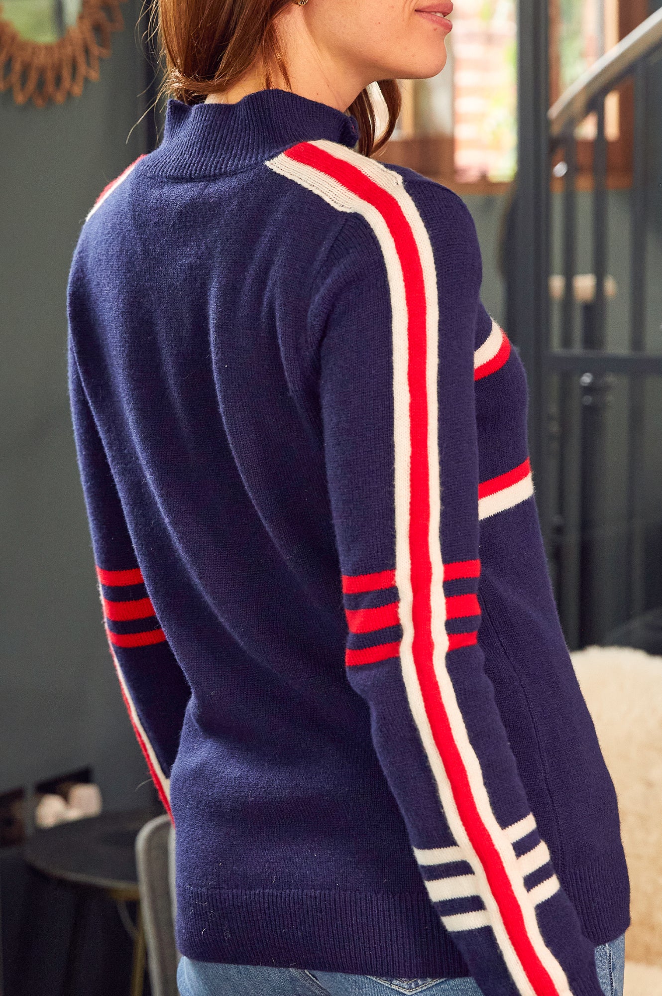 Merino Wool Striped Hearts Quarter Zip Sweater - Navy, Cream, Red | Cozy Winter Pullover for Women & Men | Perfect for Casual Outfits, Outdoor Activities & Layering