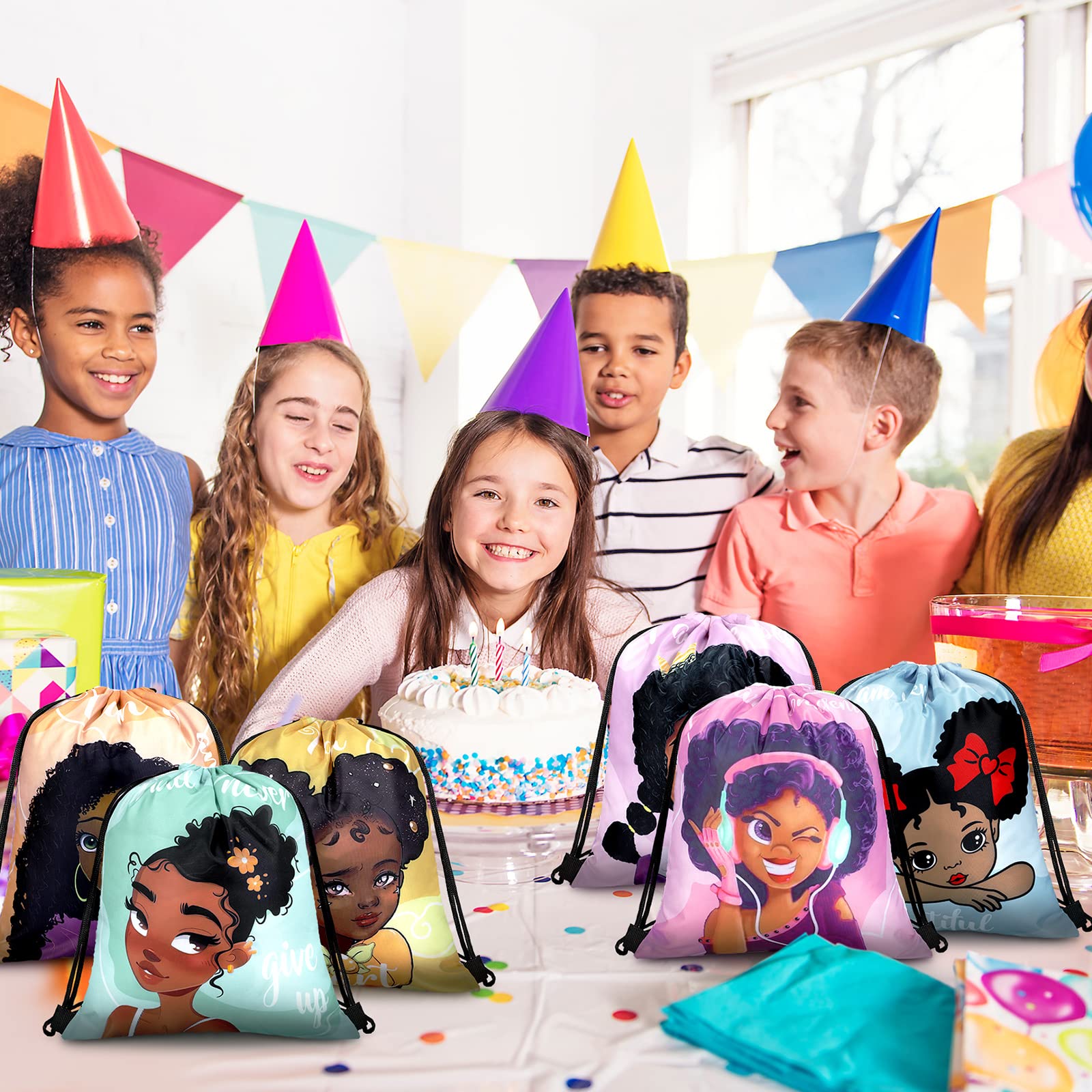 18-Piece Black Girl Kids Party Favor Drawstring Bags - African American Themed Backpacks for Birthday Gifts, School Supplies & Party Favors - Perfect for Birthday Parties, Classroom Rewards & Special Events