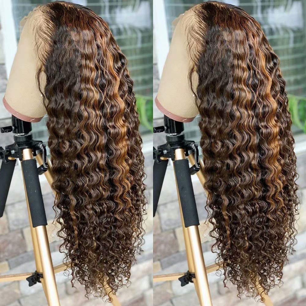 13x6 HD Transparent Lace Front Wig - 26inch Brazilian Deep Wave Human Hair Wig for Women | Pre Plucked Bleached Knots, Ombre T4/27 Color, Natural Curly Style | Perfect for Daily Wear, Cosplay & Special Occasions