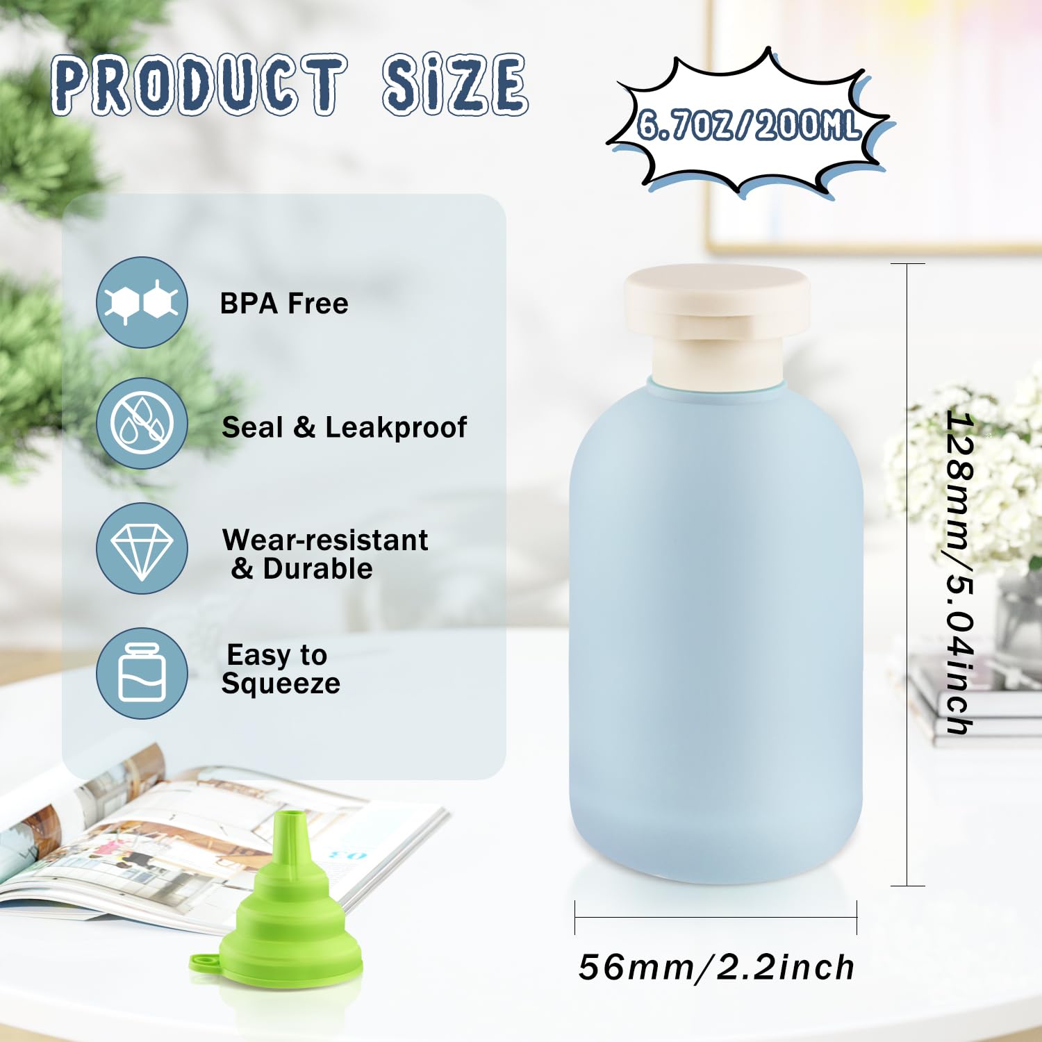 6 Pack 6.7 oz/200ml Empty Refillable Plastic Travel Shampoo Bottles with Flip Top Cap - Leakproof Squeeze Containers for Lotion, Cream, Conditioner & Toiletries - Includes Silicone Funnel (Blue) - Perfect for Air Travel, Gym Bag & Camping Essentials