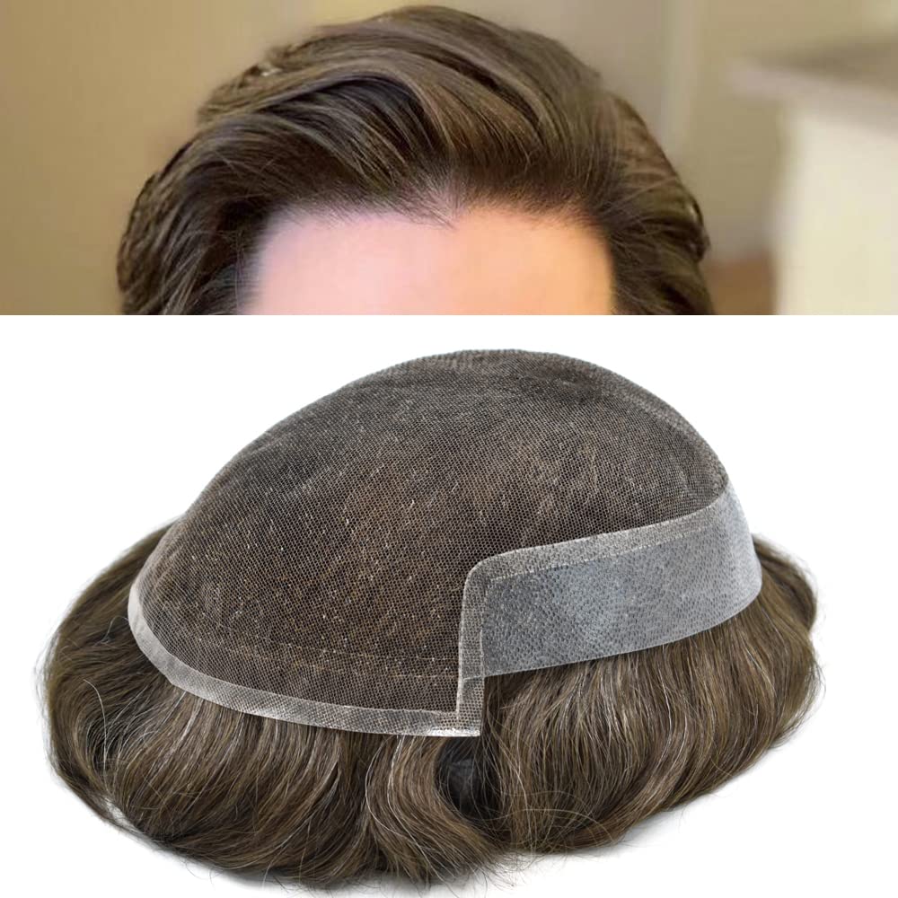 Men's Swiss Lace Toupee - 100% Human Hair Replacement System with PU Bleached Knots & Natural Hairline | 8''x10'' Light Medium Density Wig (310# Dark Brown with 10% Gray) | Perfect for Daily Wear, Special Occasions & Hair Loss Solutions