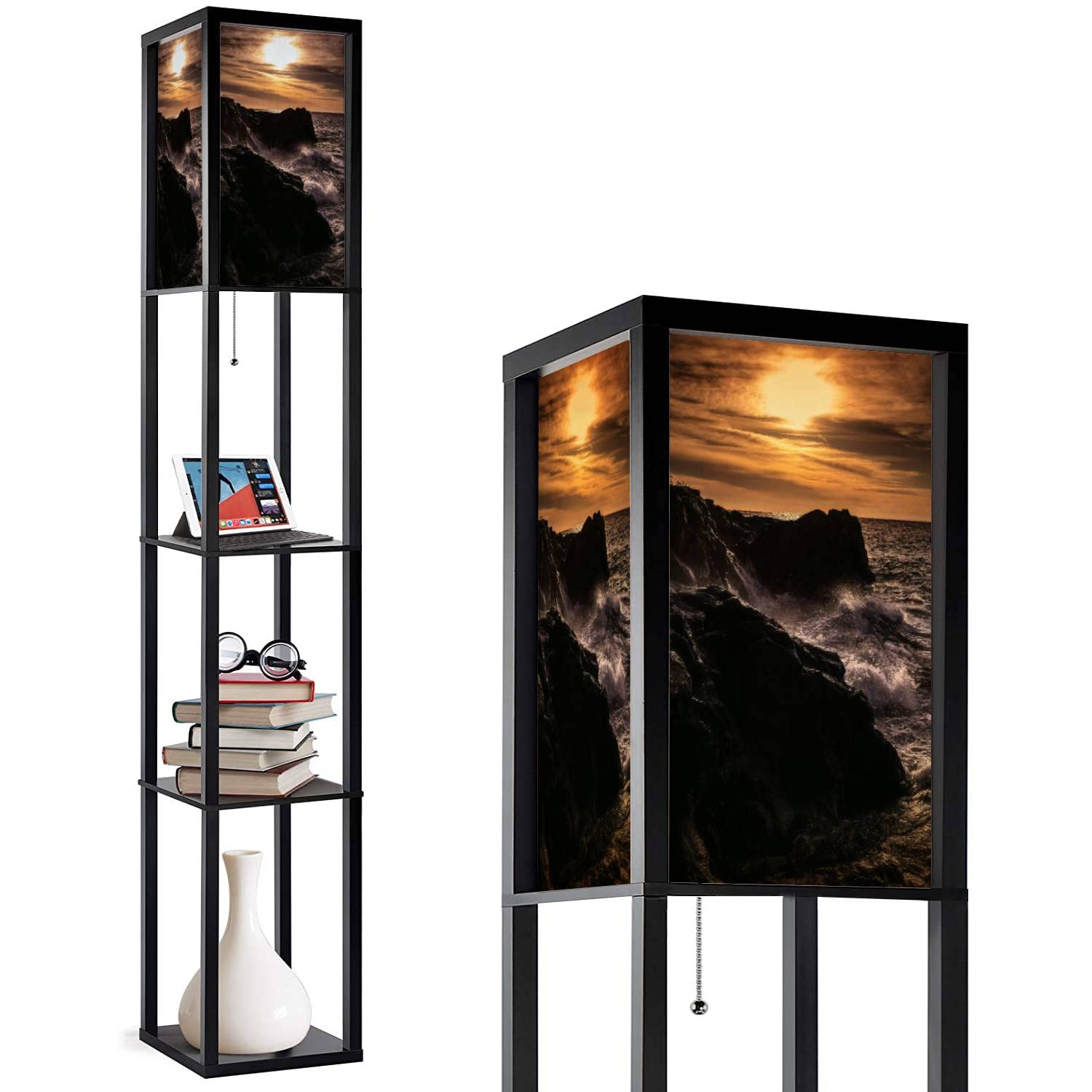 Corner Floor Lamp with Shelves & 3-Tone LED Lighting - Adjustable Tall Standing Lamp with Linen Shade for Living Room, Bedroom | Perfect Reading Light & Decorative Shelf for Home Office