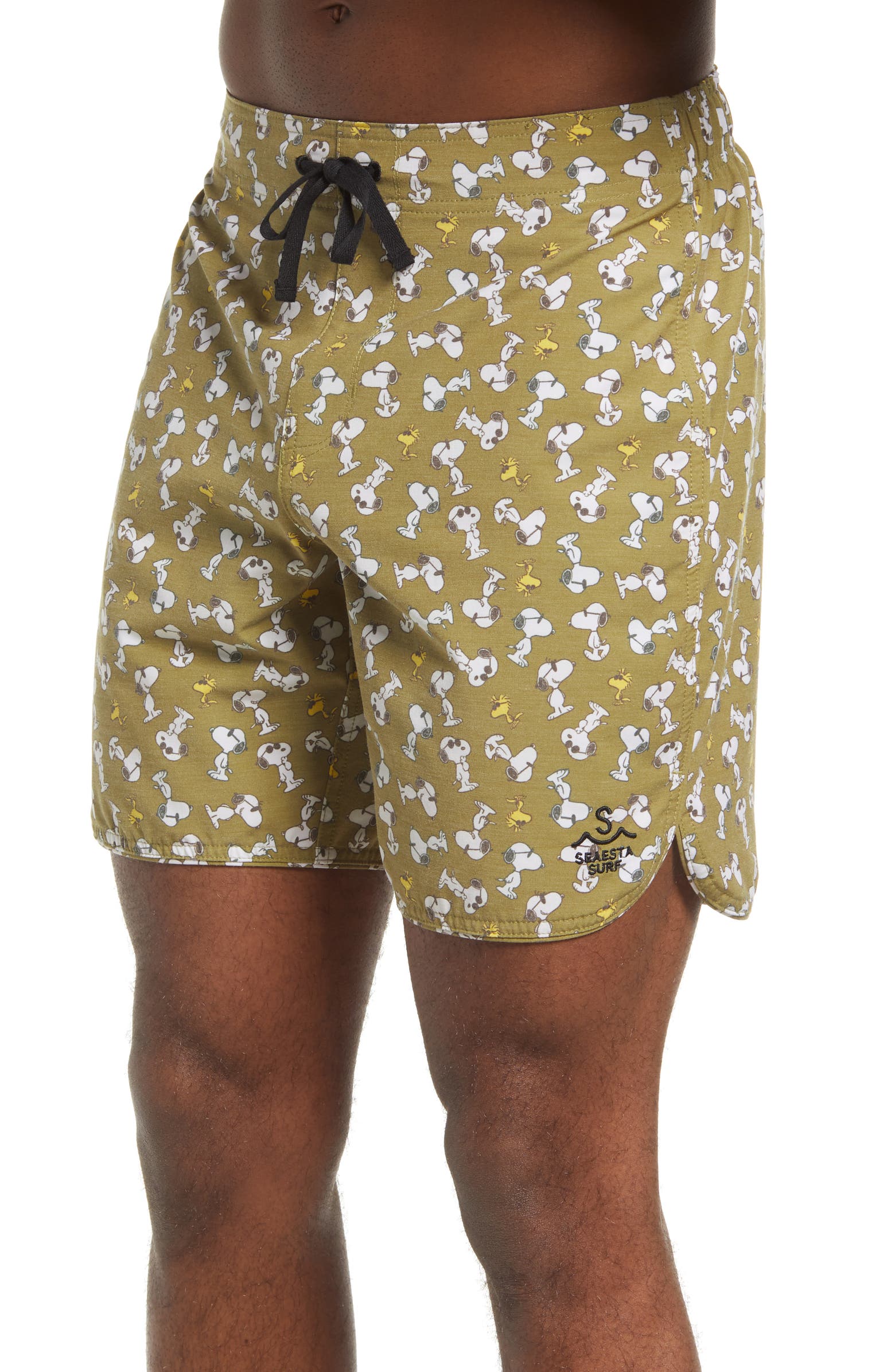 SEAESTA SURF X PEANUTS® Joe Cool Men's Swim Trunks - Olive Green Quick-Dry Board Shorts for Surfing, Beach & Summer Vacations