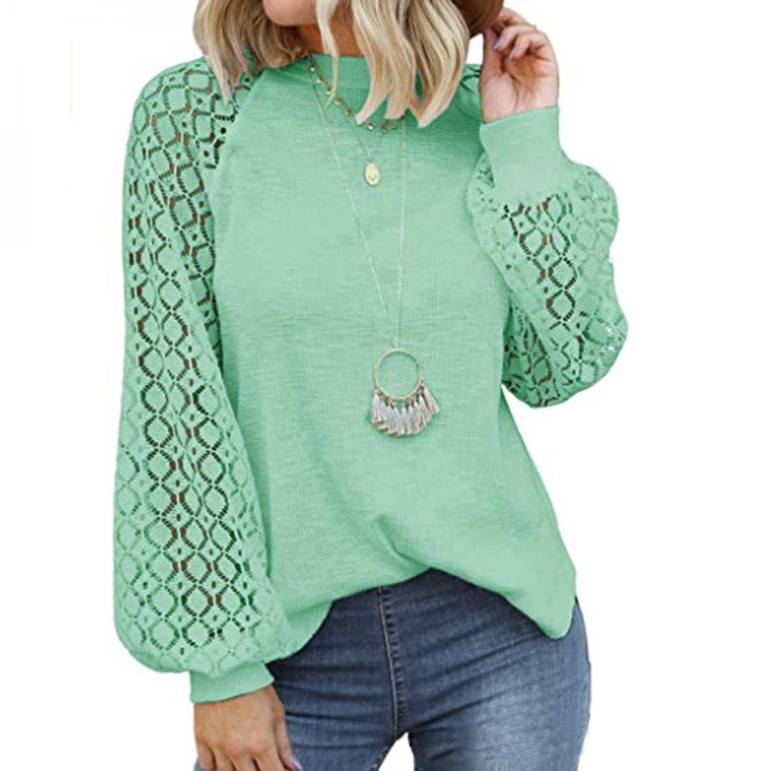Women's Long Sleeve Lace Blouse - Elegant Crew Neck T-Shirt for Fall | Casual & Dressy Loose Fit Top | Perfect for Office, Date Night & Autumn Outings