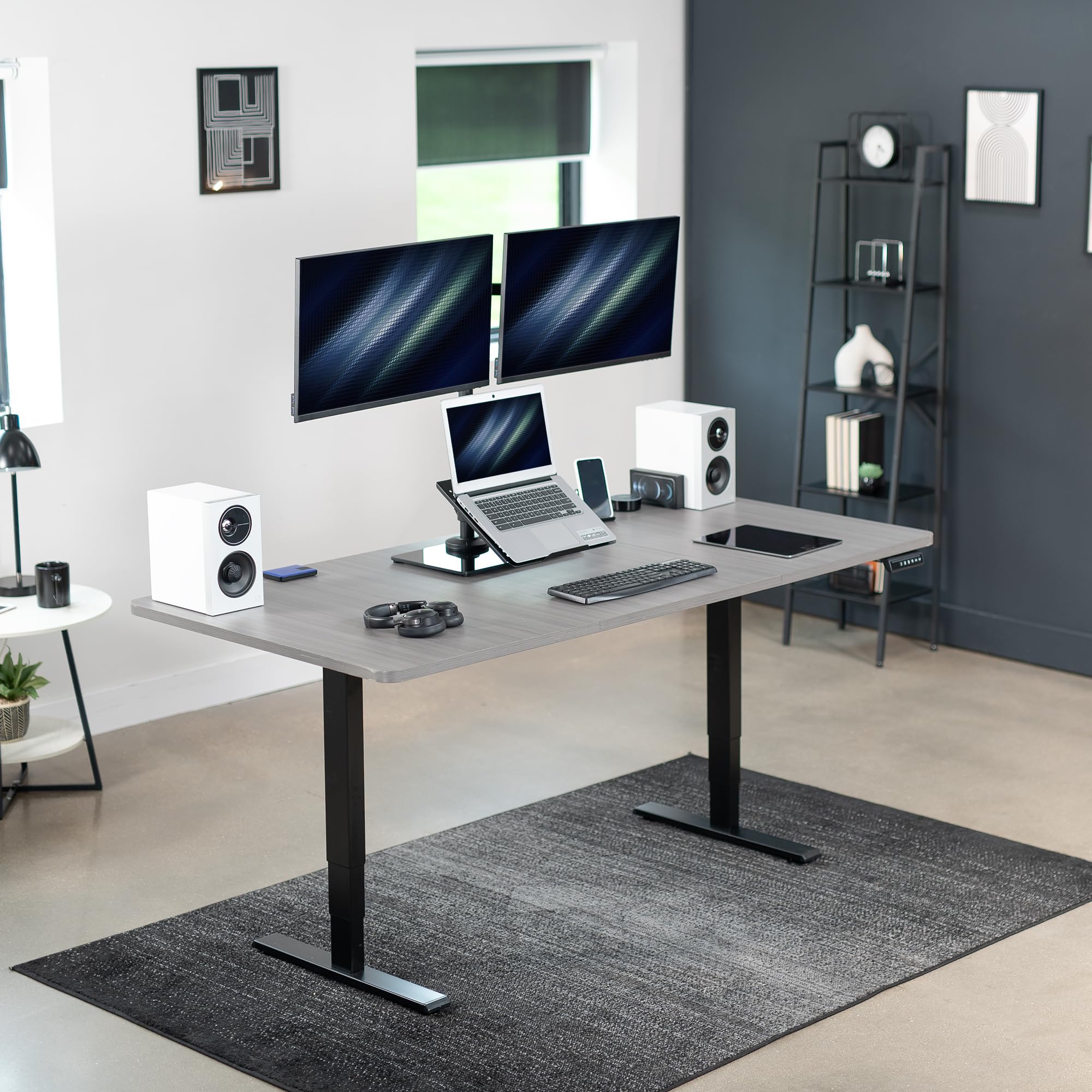 VIVO Dual Monitor and Laptop Stand with Glass Base - Adjustable Freestanding Desk Mount for 32 inch Screens & 17 inch Laptops, Black (STAND-V003FGL) - Perfect for Home Office, Gaming Setup, and Workspace Organization