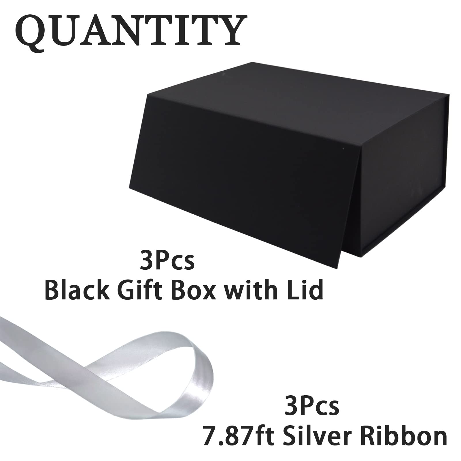 AuroWish 3 Pack Large Gift Boxes for Presents - 12.5 x 8.5 x 4.75 Inches Black Magnetic Lid Collapsible Gift Box with Ribbons - Perfect for Christmas, Bridesmaid Proposals, Weddings, Birthdays & Special Occasions