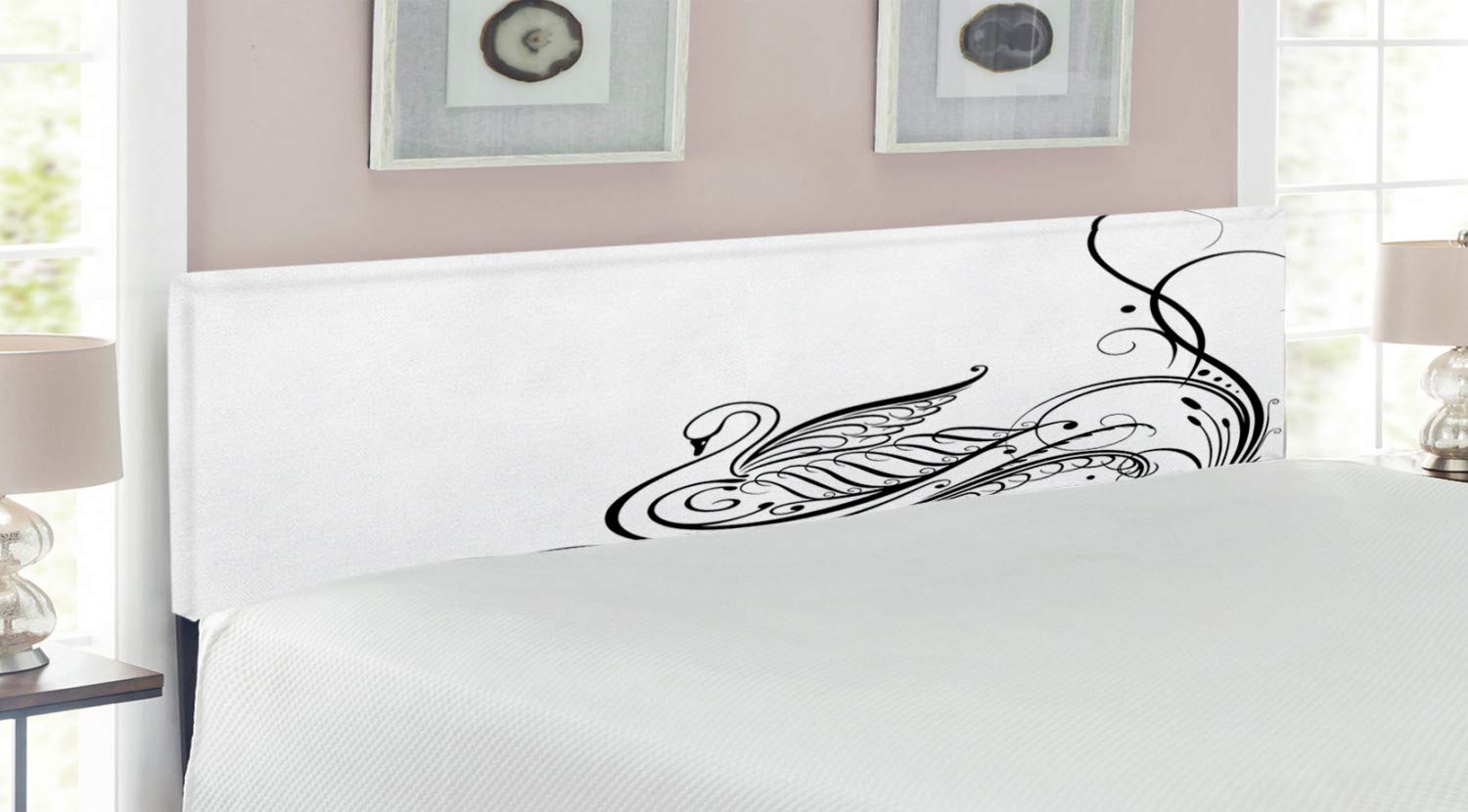 Ambesonne Swan Headboard - King Size Upholstered Metal Bed Frame with Memory Foam | Minimalist Monochrome Swan River Calligraphy Art | Elegant White & Black Bedroom Decor for Modern Homes