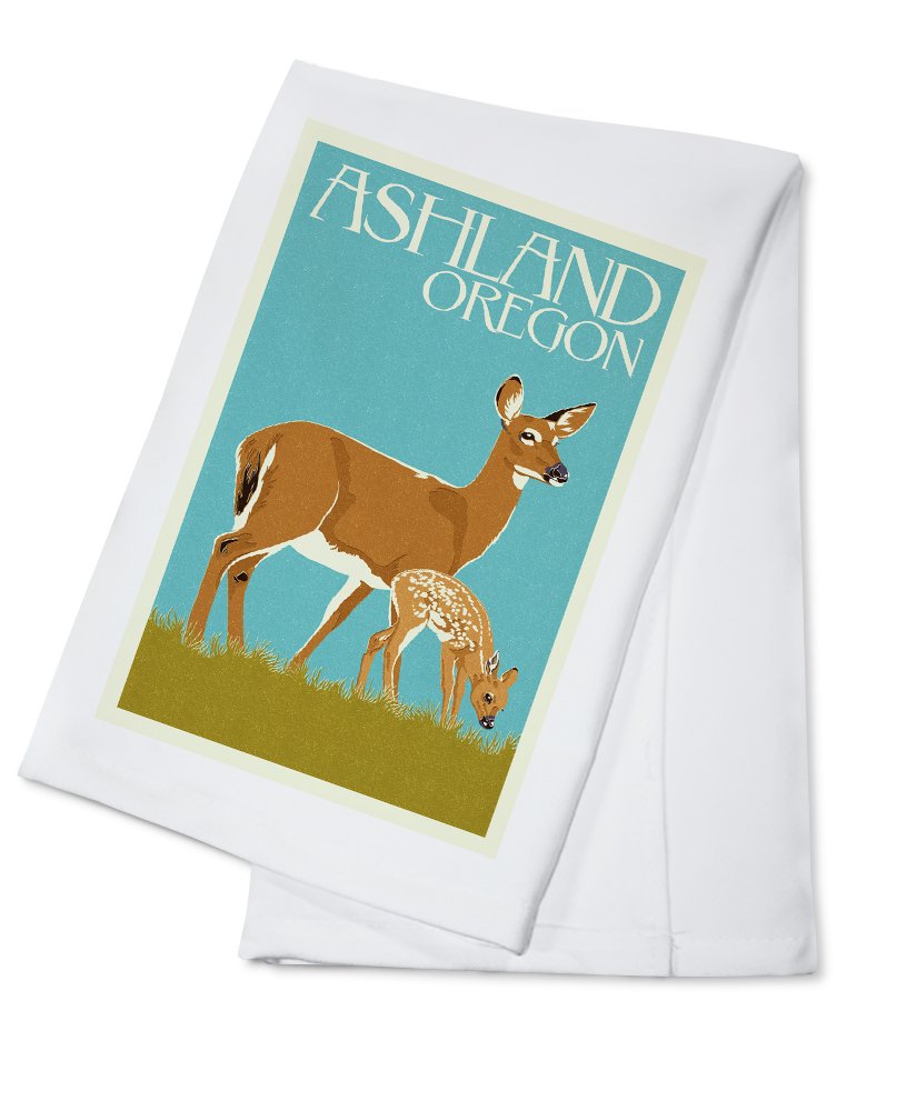 Premium 100% Cotton Kitchen Towel with Ashland Oregon Deer & Fawn Letterpress Design - Absorbent Dish Towels for Cooking, Baking & Kitchen Decor