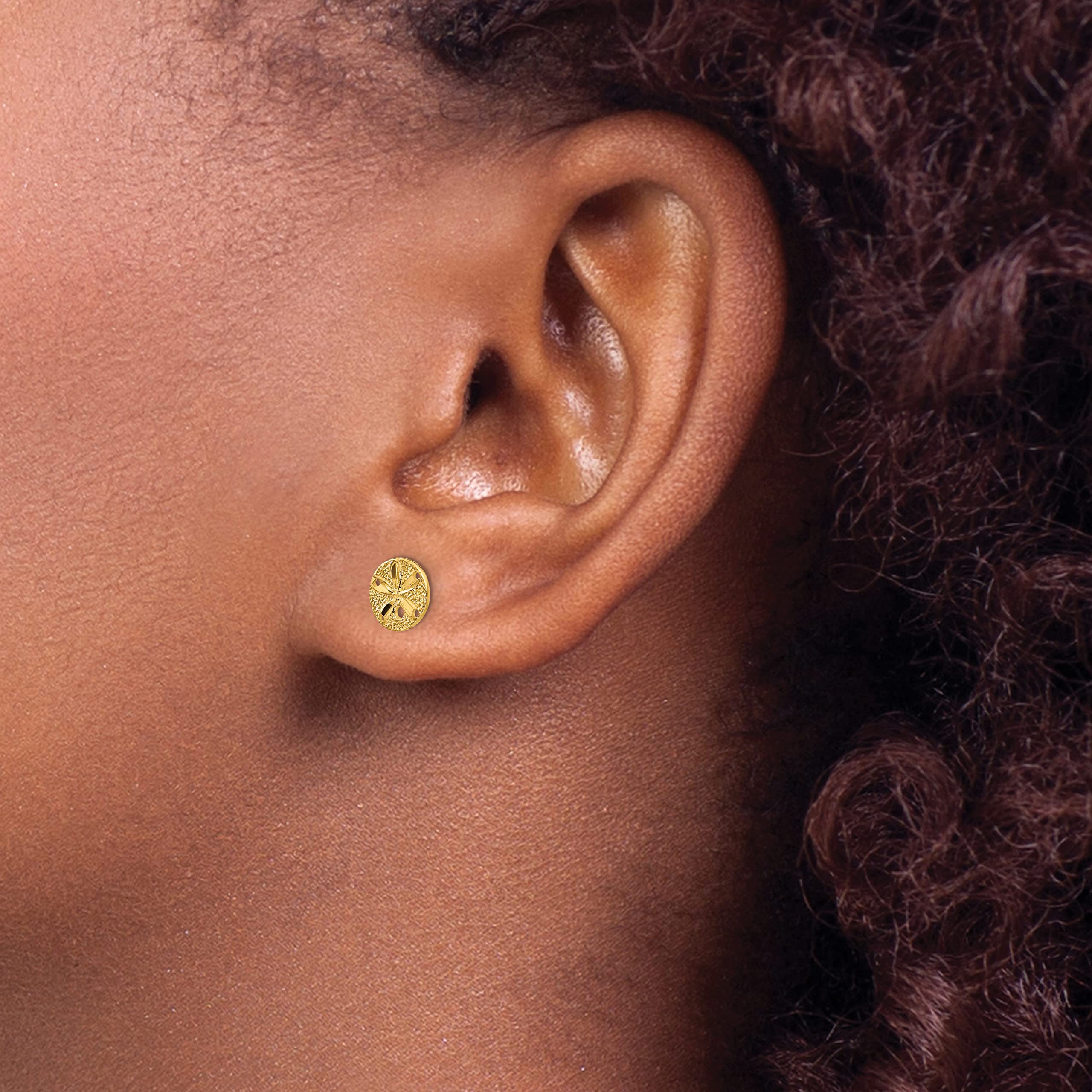 14K Yellow Gold Diamond-Cut Sand Dollar Stud Earrings for Women - 8mm Dainty Beach Jewelry - Perfect for Vacation, Wedding & Everyday Wear