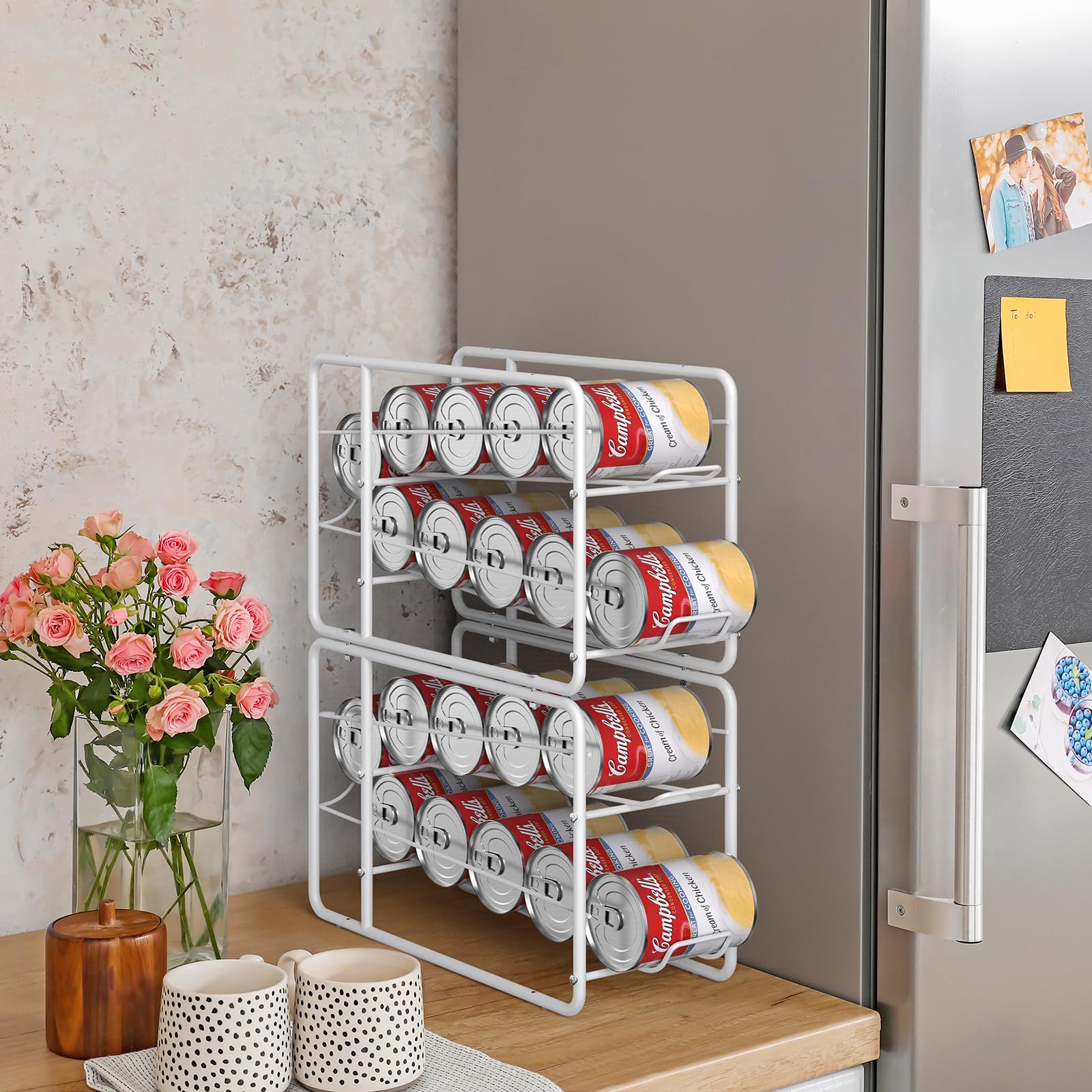 MOOACE 4 Pack Stackable Can Dispenser Rack - Space Saving Can Storage Organizer for Kitchen Cabinet, Pantry & Countertop (White) - Perfect for Organizing Canned Food, Soup, Vegetables & Beverages