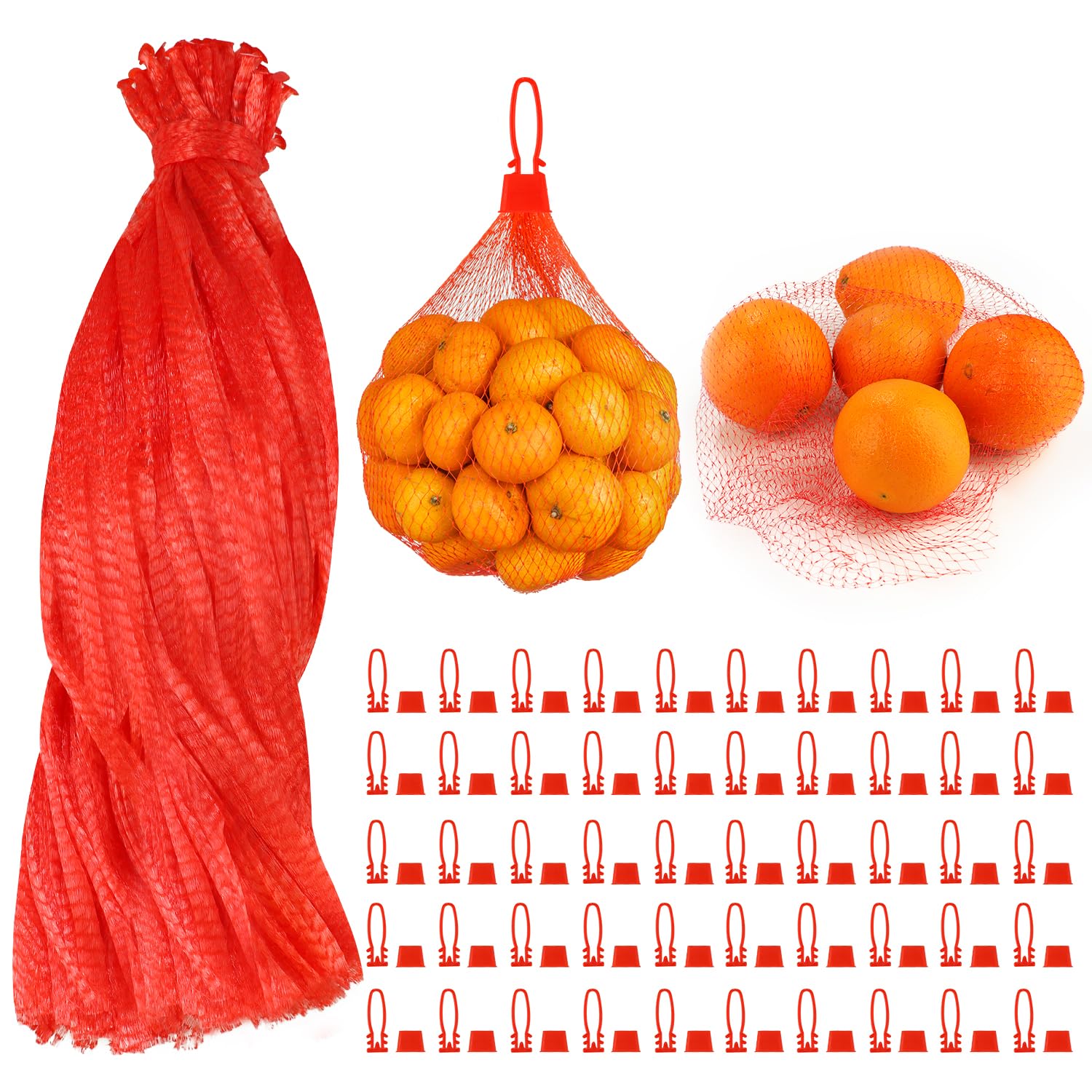 100 Pcs Reusable Mesh Produce Bags - 20 Inch Nylon Net Bags for Vegetables, Fruits & Seafood with 100 Drawstring Closures | Eco-Friendly Onion Storage Bags for Grocery Shopping, Farmers Market & Kitchen Organization