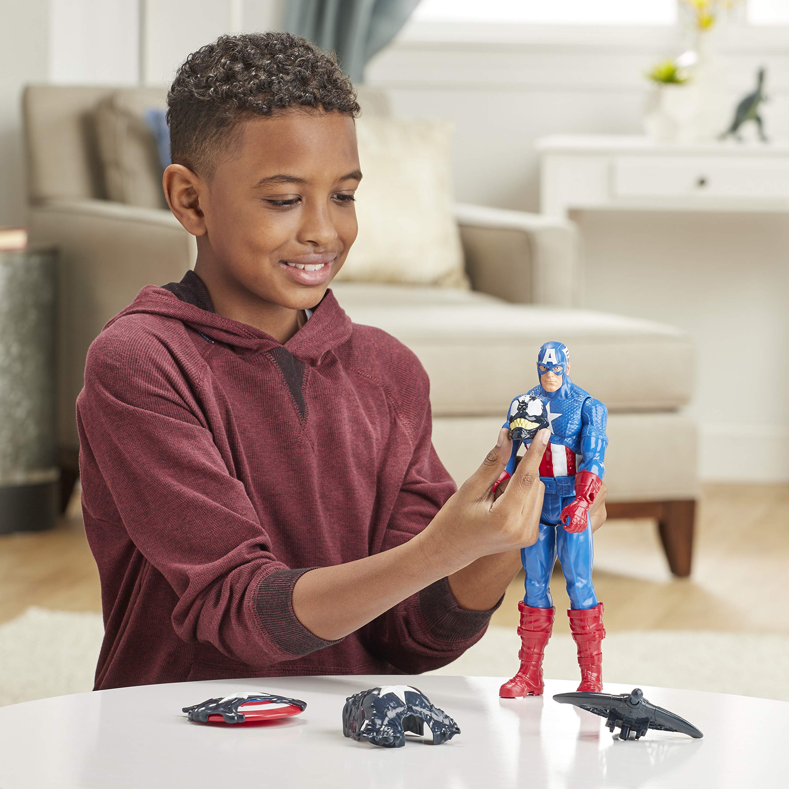 Hasbro E8683 Maximum Venom Titan Hero Series - Venom Captain America Action Figure with Starter, Projectile & 6 Accessories | Marvel Superhero Toy for Kids Ages 4+ | Birthday Gift, Role Play, Collectible Display