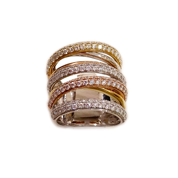 14K Tri-Tone Diamond Ring for Women - Elegant Gold, Rose Gold & White Gold Stackable Band - Perfect for Engagement, Wedding & Anniversary Gifts