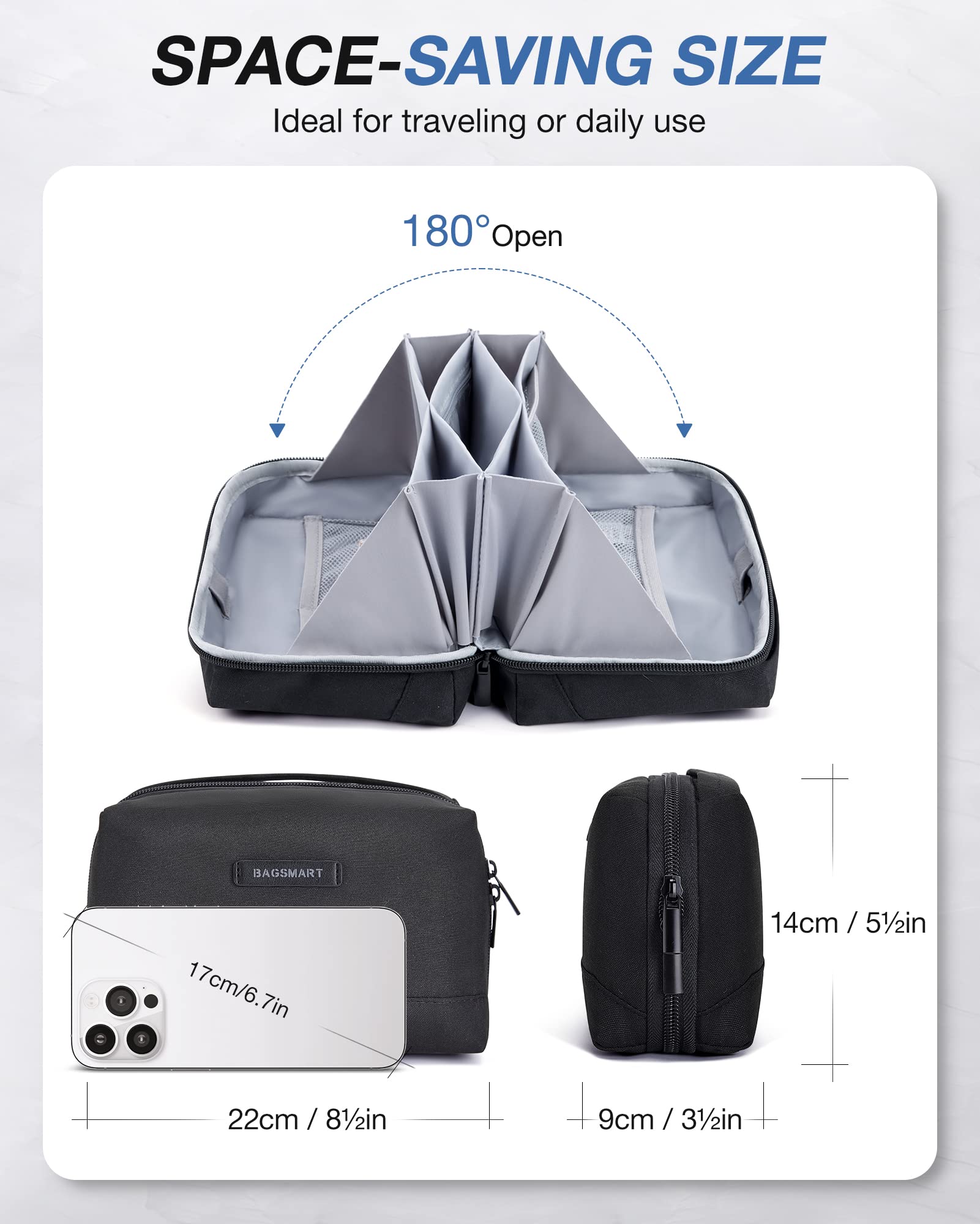 BAGSMART Electronics Organizer Pouch - Travel Tech Organizer Bag for Cables, Chargers & Accessories - Portable Cord Organizer with Handle for Men & Women (Black) | Perfect for Business Trips, Vacations & Daily Commute