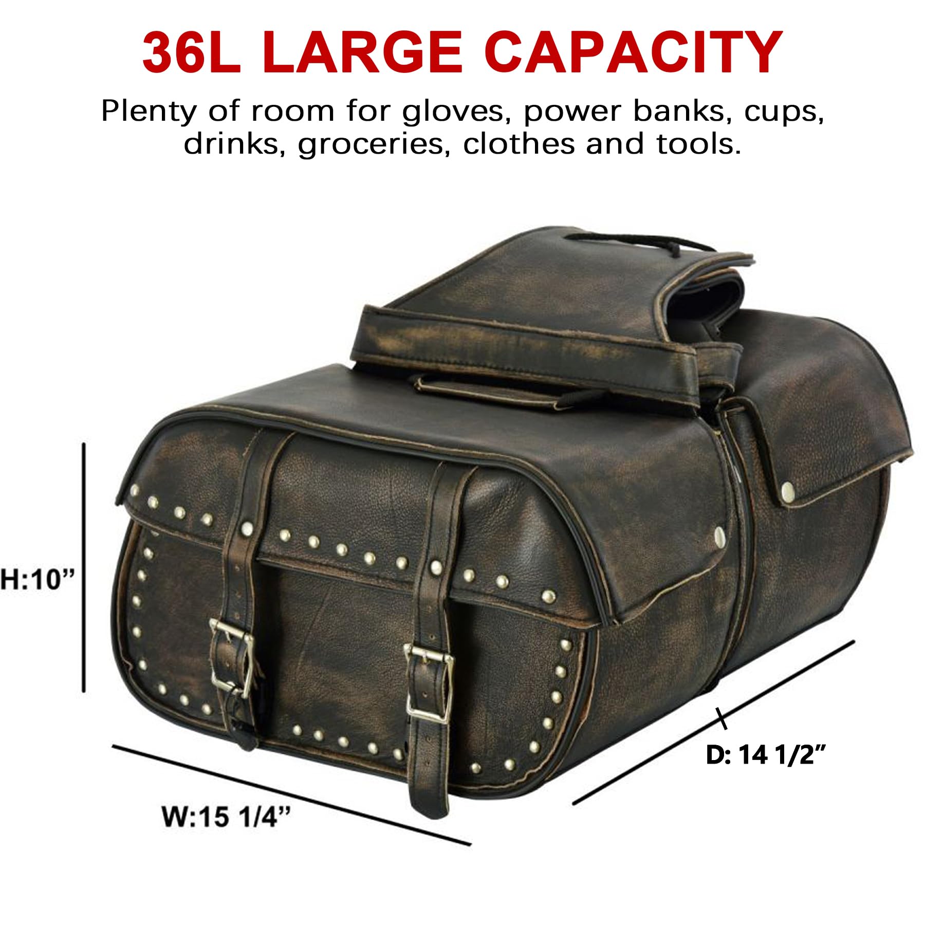 Dream Apparel Genuine Cowhide Leather Motorcycle Saddlebags - Studded Throw Over Side Bags for Honda Shadow, Sportster, Softail, Dyna & V-Star Cruisers (Distressed Brown) | Waterproof Storage for Road Trips & Daily Commute