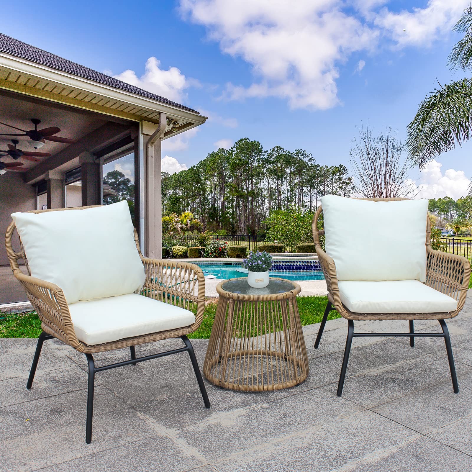3-Piece Outdoor Patio Wicker Conversation Set with Tempered Glass Table - Garden Furniture for Backyard, Porch, Deck & Balcony | Perfect for Relaxing, Entertaining & Outdoor Dining