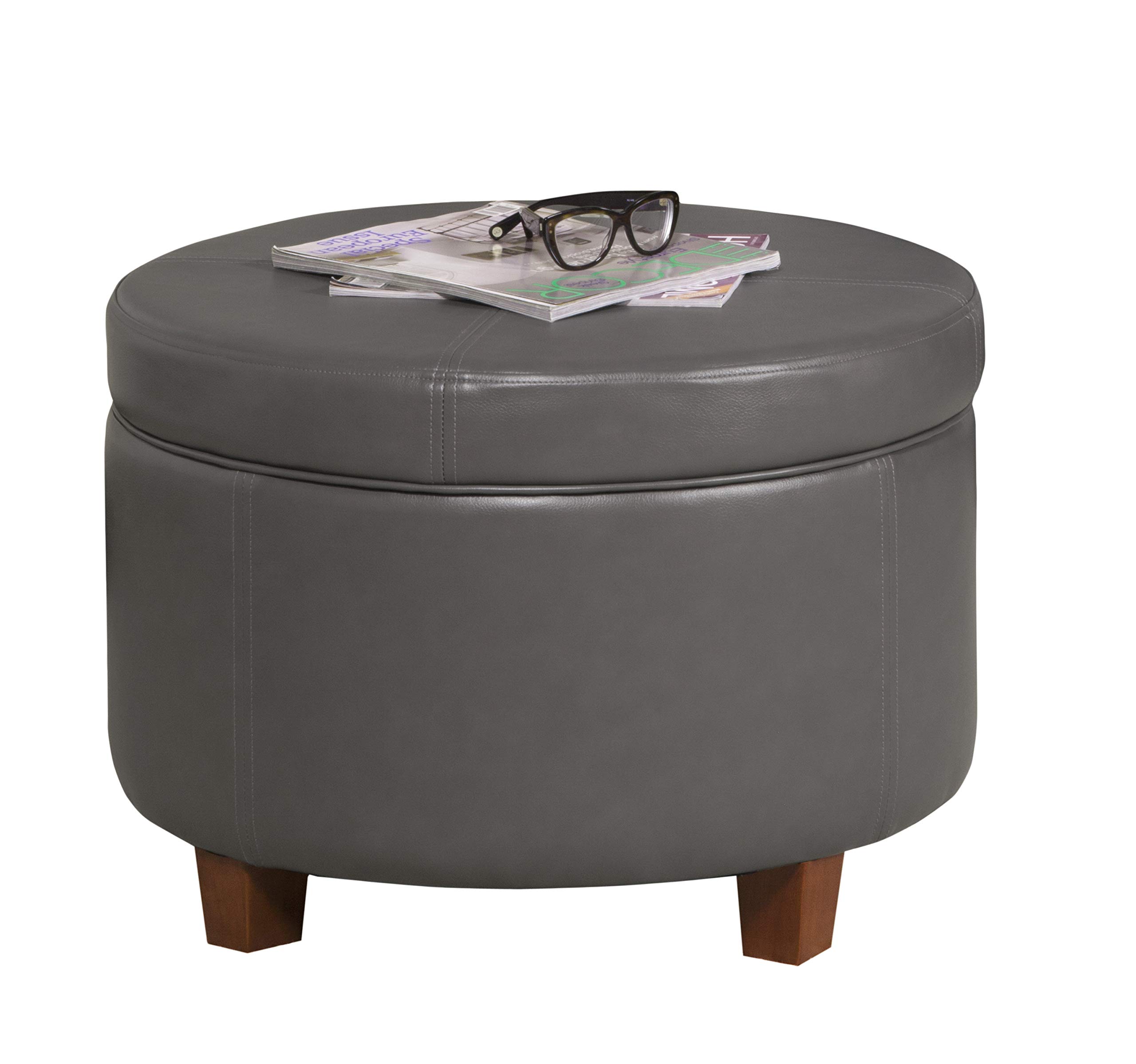 HomePop Large Round Leatherette Storage Ottoman with Lift-Top Lid - Charcoal Grey | Footrest, Coffee Table & Hidden Storage for Living Room, Bedroom & Office