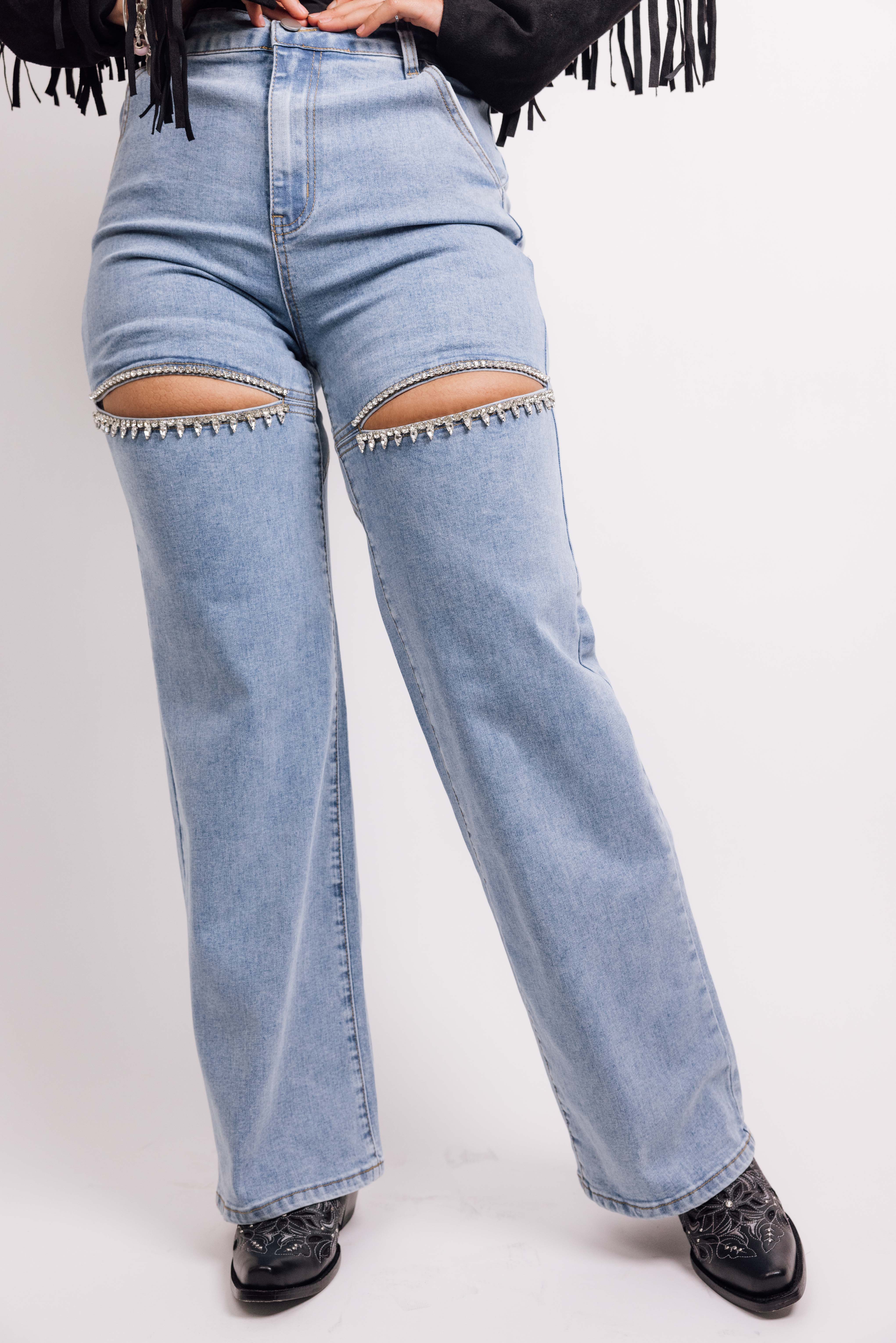 Stylish Washed Denim Rhinestone Cutout Jeans for Women - Trendy High Waist Skinny Jeans with Embellishments | Perfect for Night Out, Party & Casual Wear
